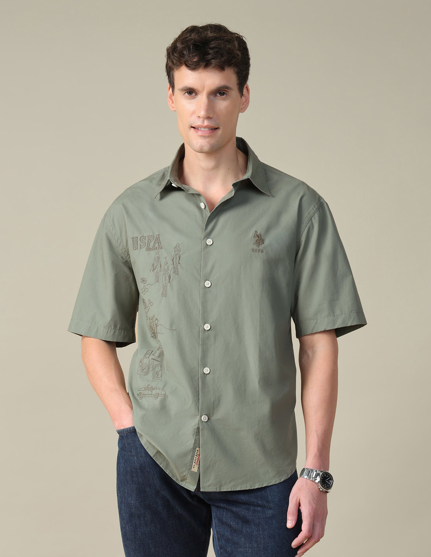 Graphic Brand Embroidered Regular Fit Shirt Green - U.S. Polo Assn. India | Large