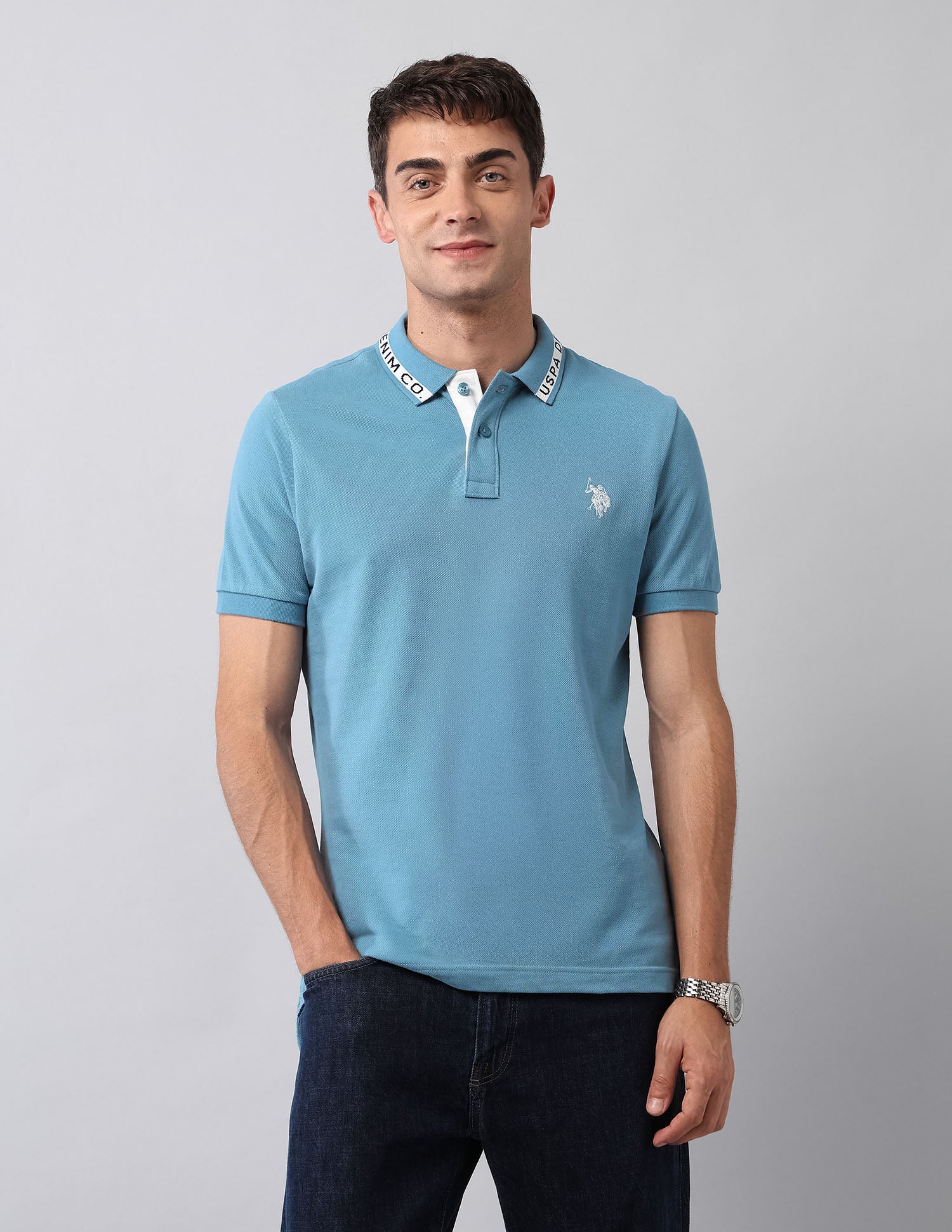 Pure Cotton Solid Polo Shirt Blue - U.S. Polo Assn. India | Large