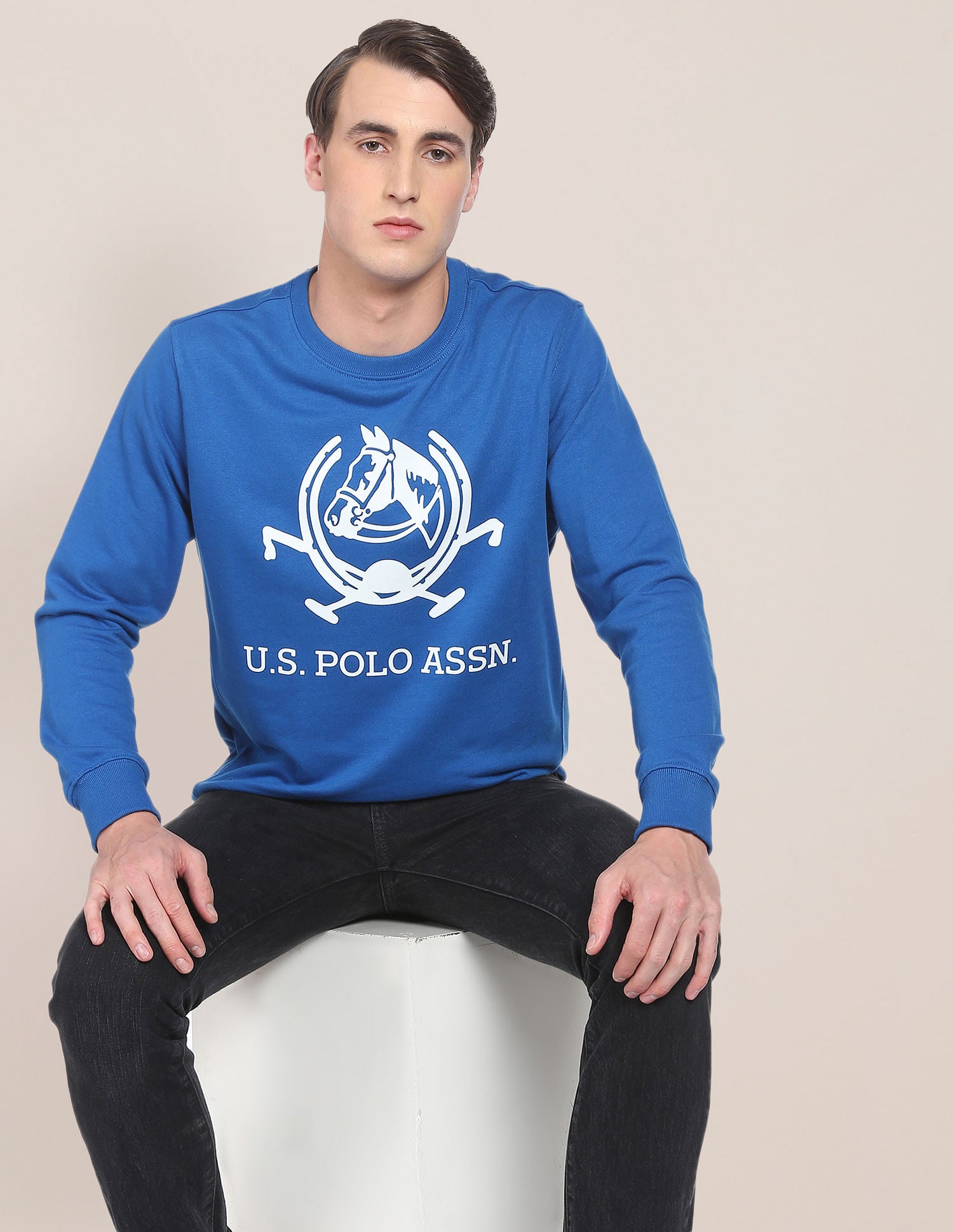 Men Blue Crew Neck Brand Print Sweatshirt Blue - U.S. POLO ASSN. | Large