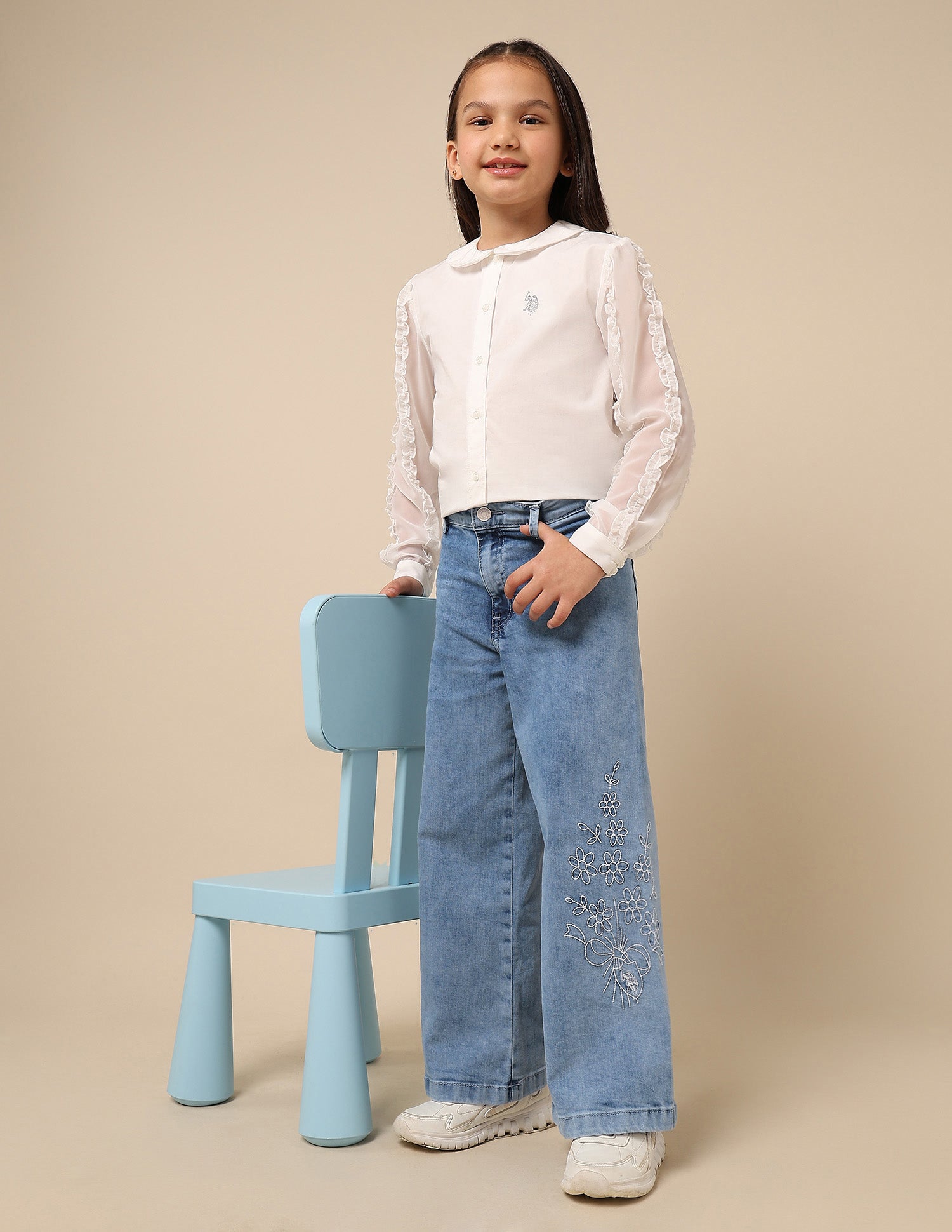 Girls Stone Washed Wide Leg Fit Jeans