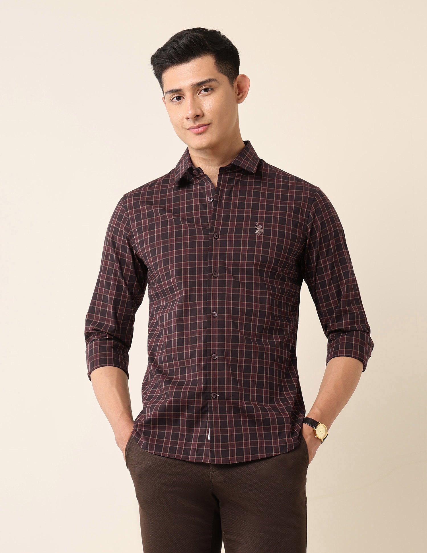 Tailored Fit Tartan Checked Shirt Burgundy - U.S. Polo Assn. India | Large