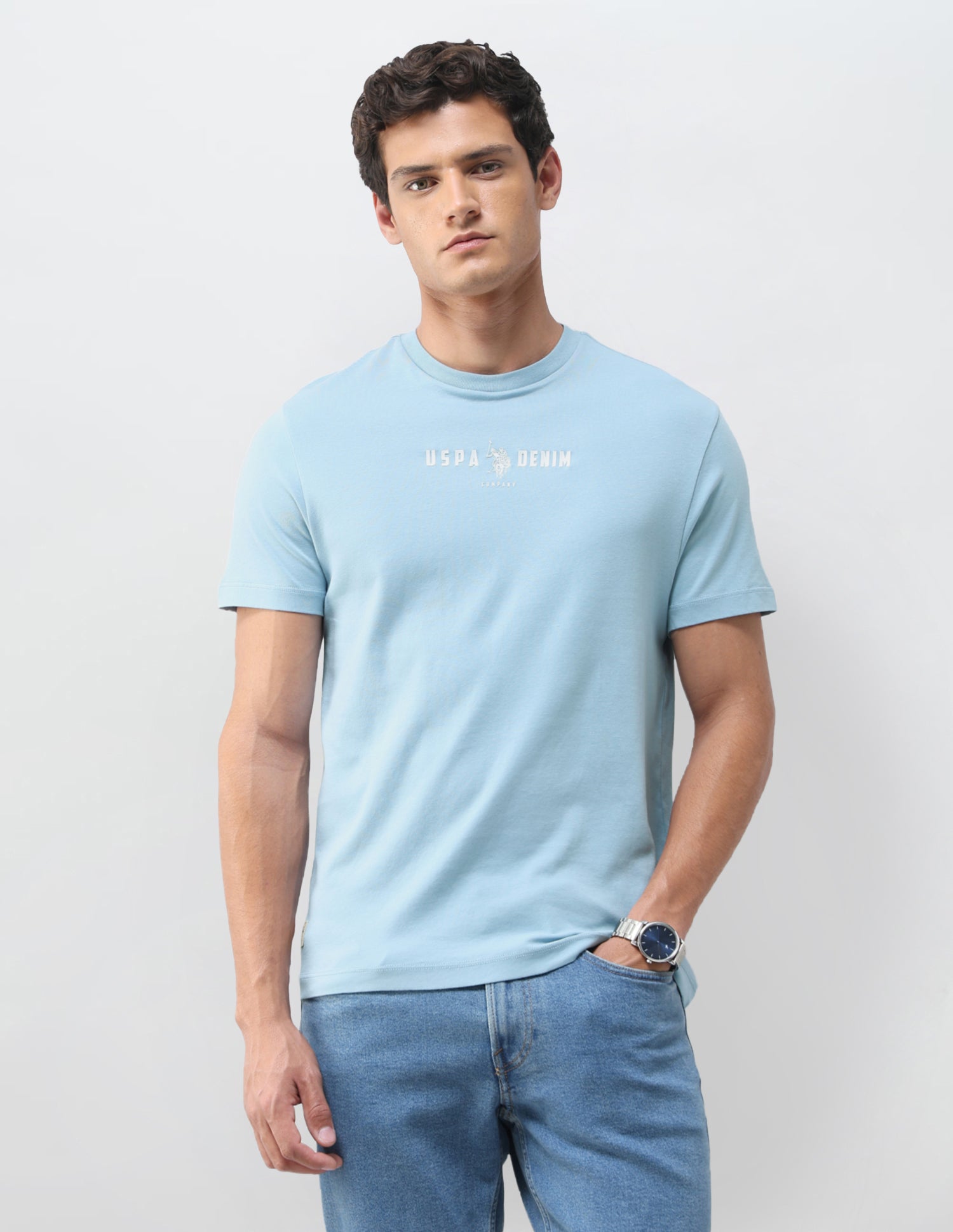 Solid Slim Fit T-Shirt Light Blue - U.S. Polo Assn. India | Large