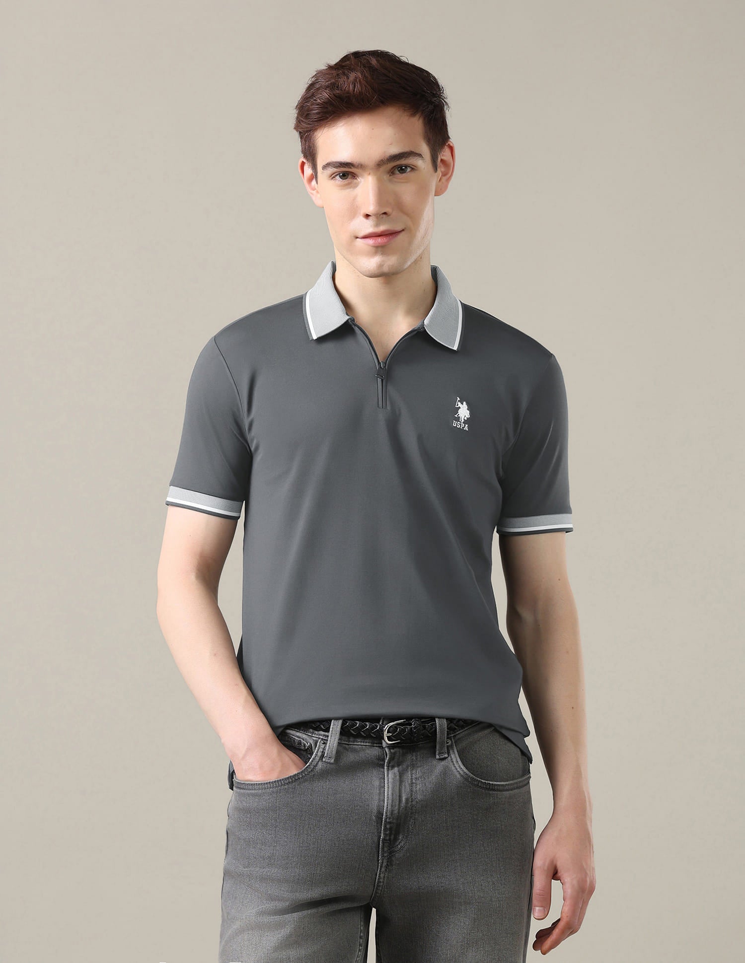 Solid Slim Fit Polo Shirt Grey - U.S. Polo Assn. India | Large