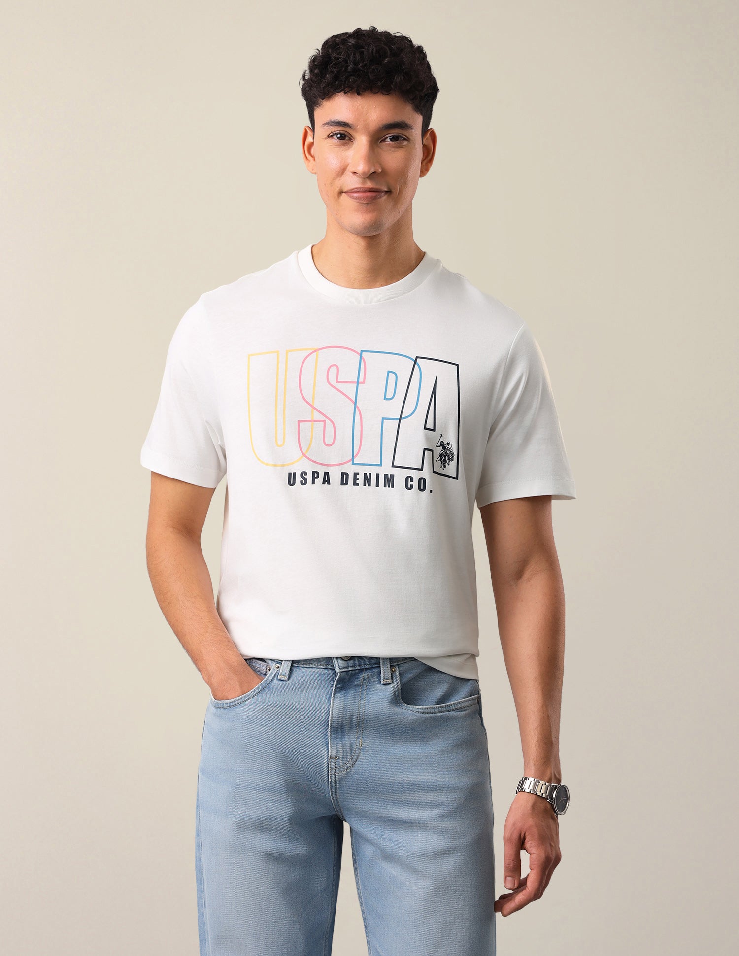 Brand Typographic Printed Relaxed Fit T-Shirt Ivory - U.S. Polo Assn. India | Large