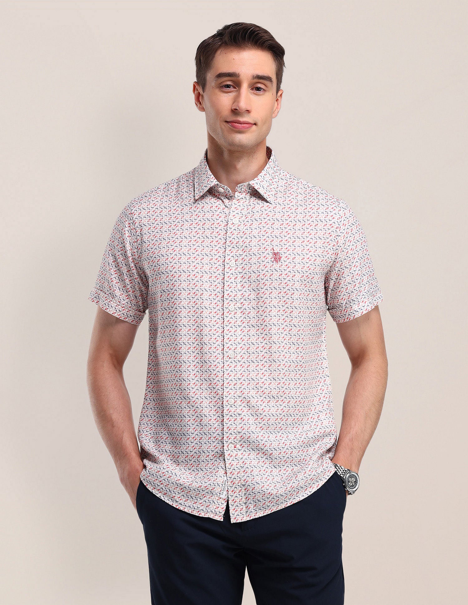 Tailored Fit Geometric Shirt Peach - U.S. Polo Assn. India | Large