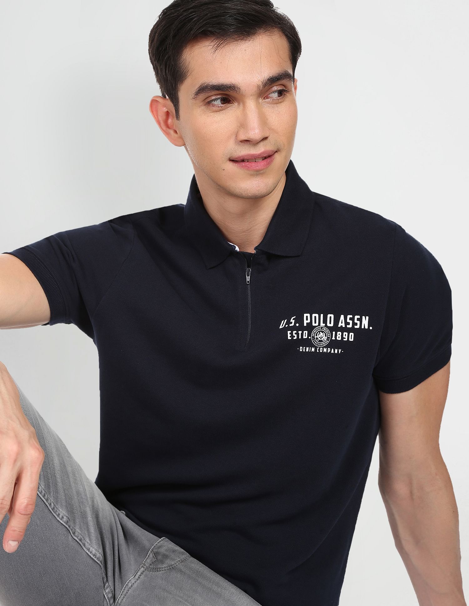 Ribbed Collar Pique Solid Cotton Polo Shirt Navy - U.S. Polo Assn. India | Large