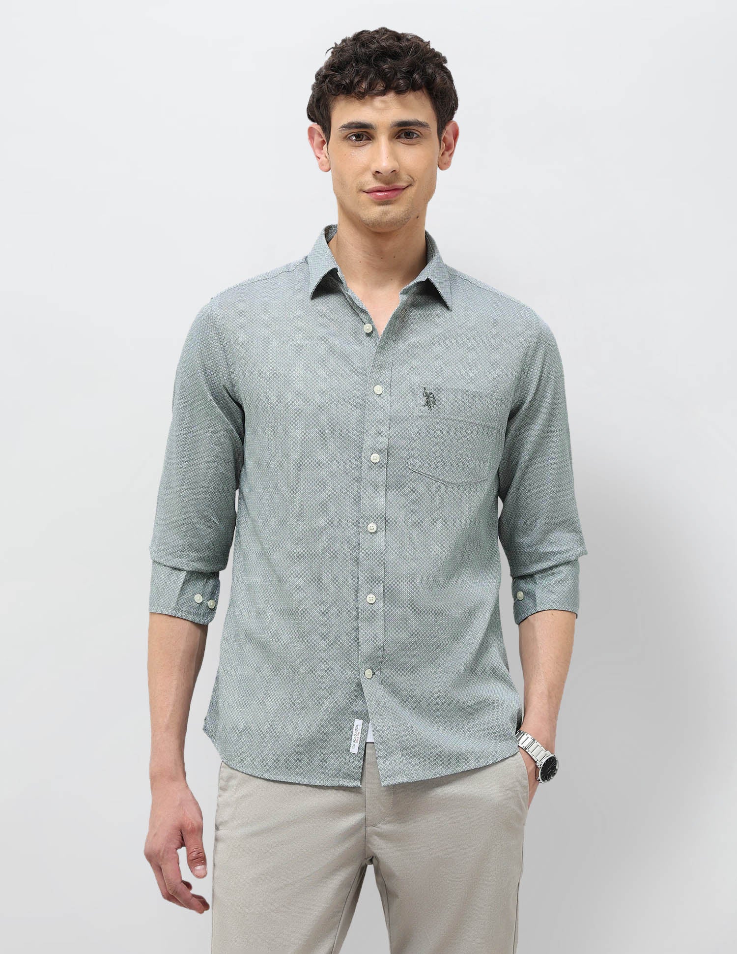 All Over Printed Tailored Fit Shirt Olive - U.S. Polo Assn. India | Large