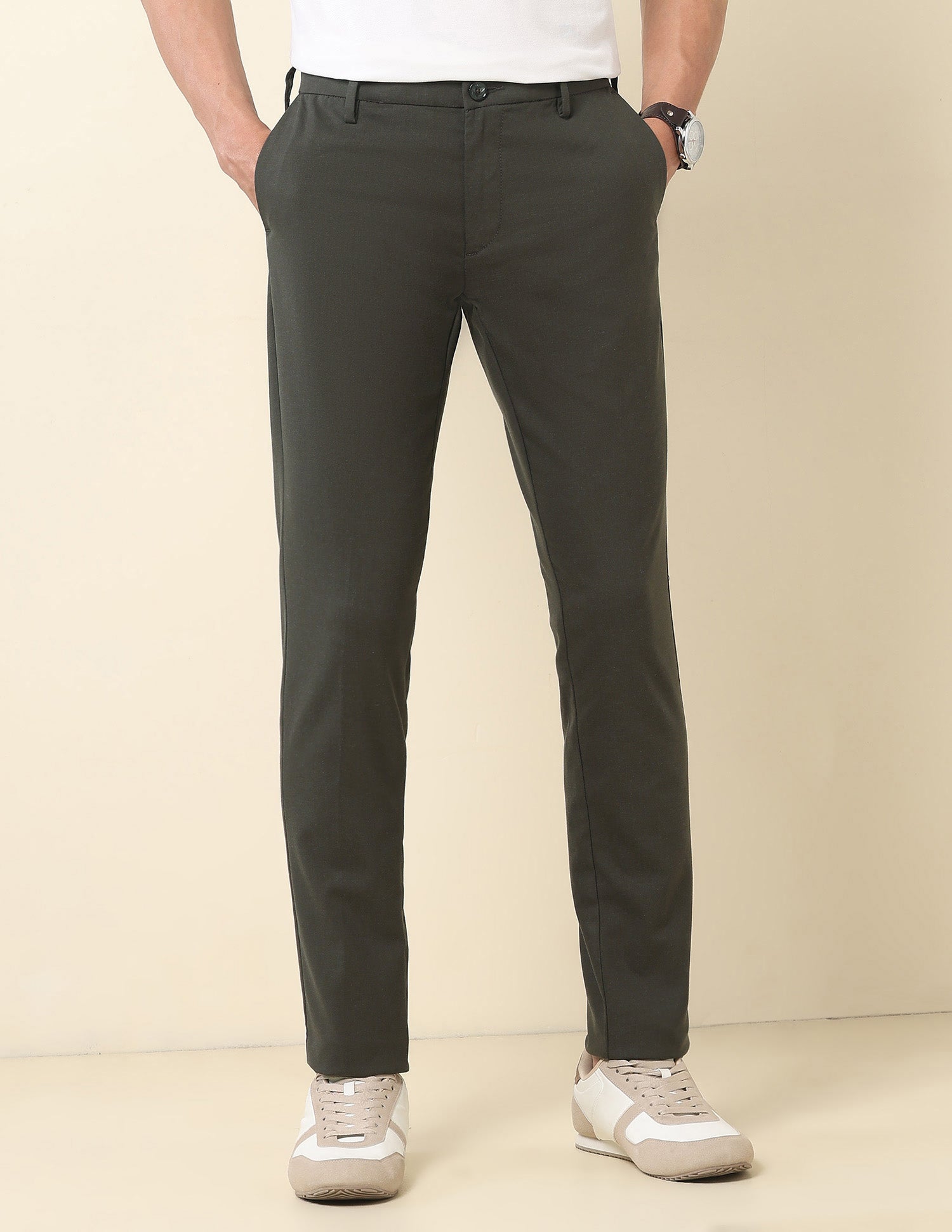 Austin Slim Fit Solid Trousers Olive - U.S. Polo Assn. India | Large