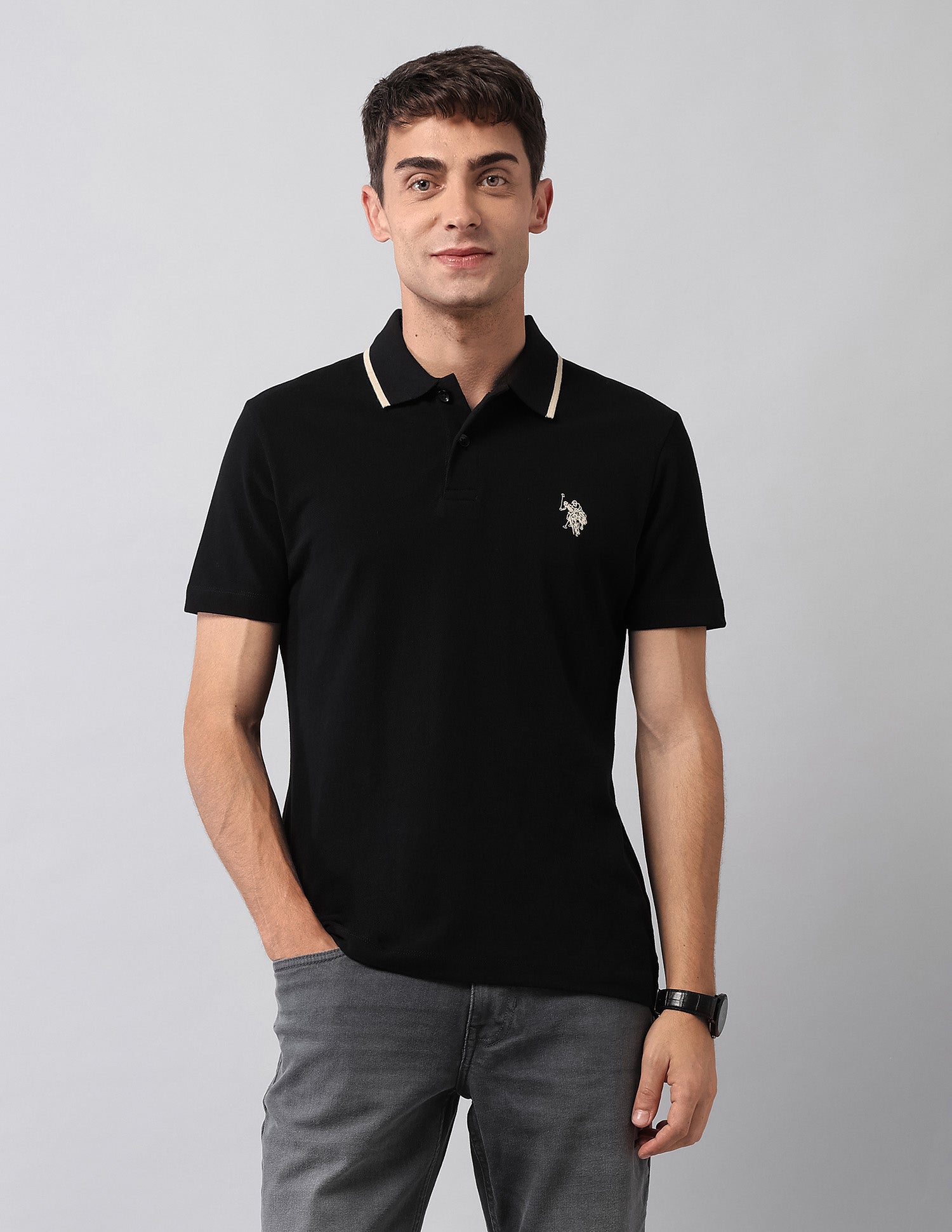 Pure Cotton Muscle Fit Polo Shirt Black - U.S. Polo Assn. India | Large