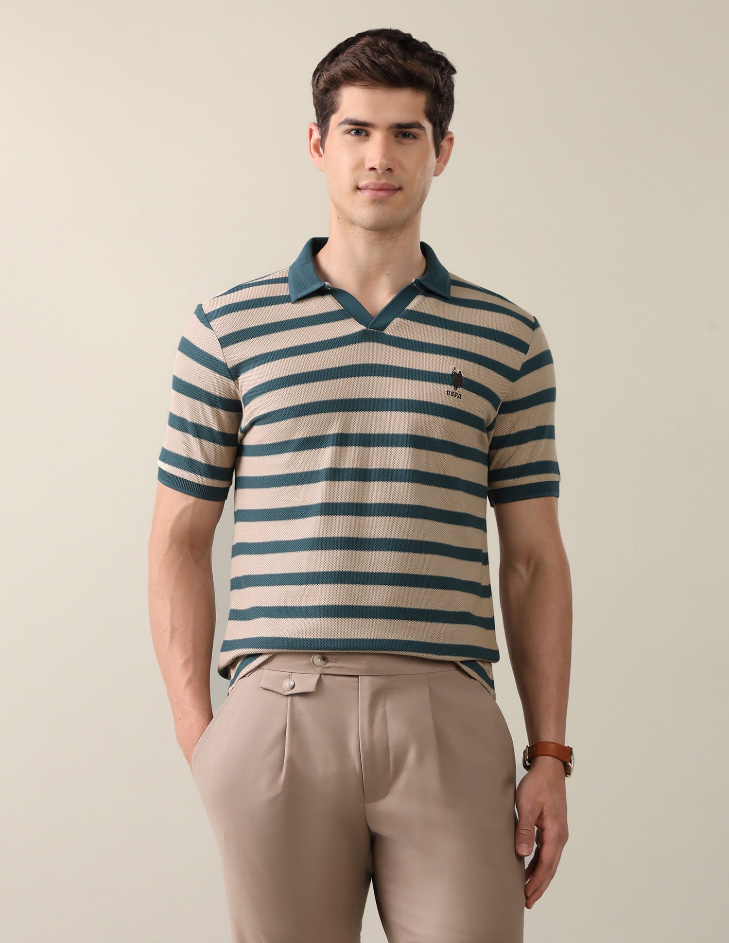 Horizontal Striped Slim Fit Polo Shirt Beige - U.S. Polo Assn. India | Large