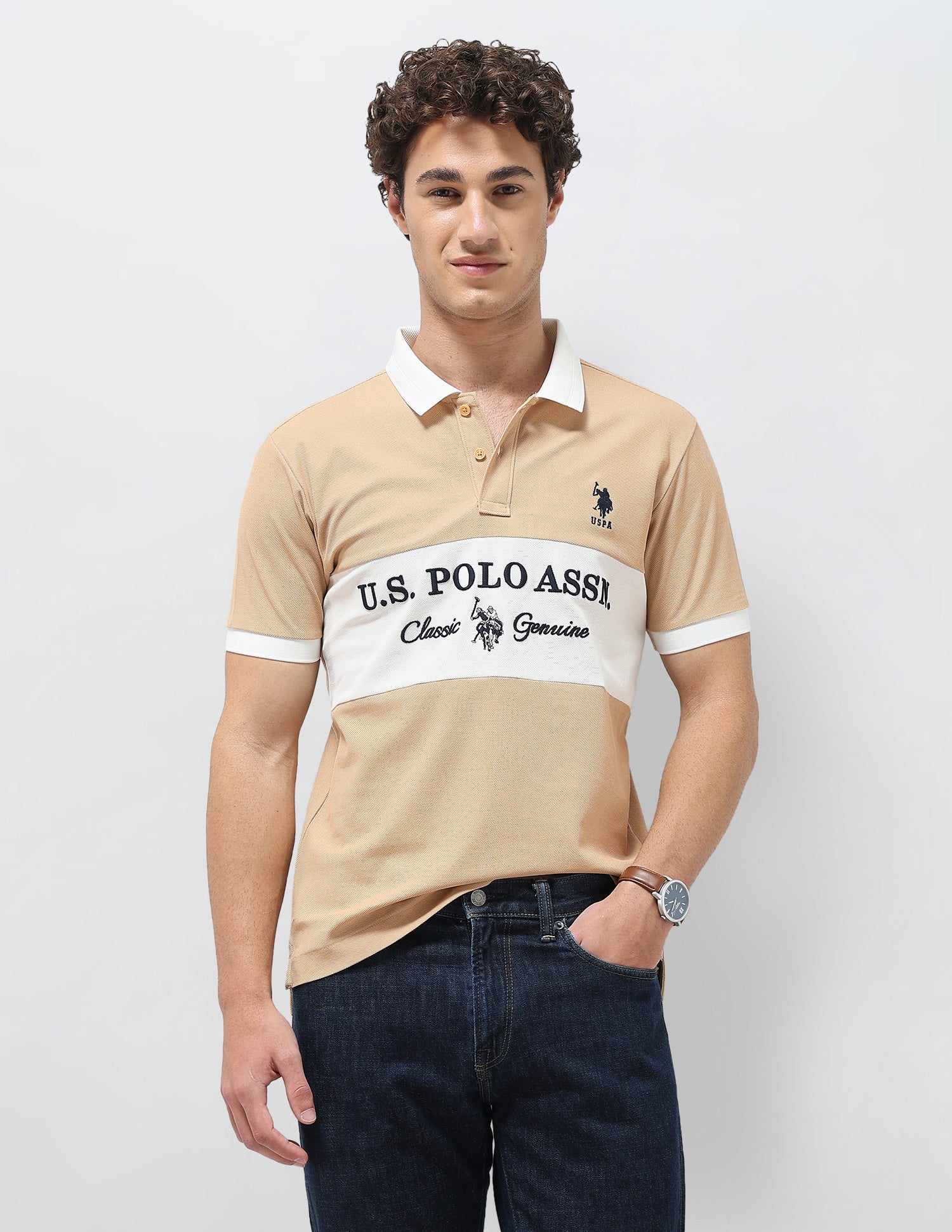 Colorblocked Brand Embroidered Slim Fit Polo Shirt Beige - U.S. Polo Assn. India | Large