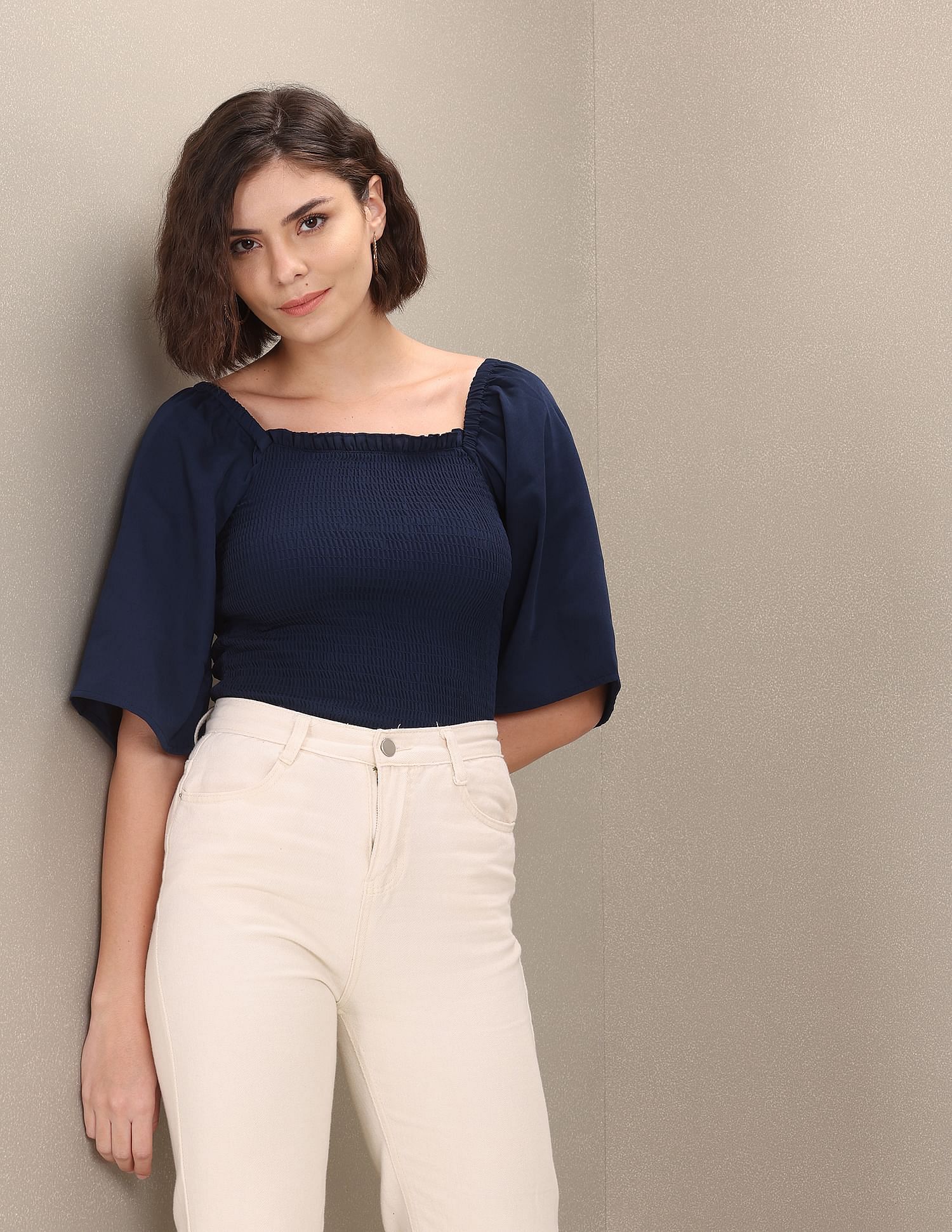 Bell Sleeve Smocked Bodice Solid Top Navy - U.S. Polo Assn. India | Large
