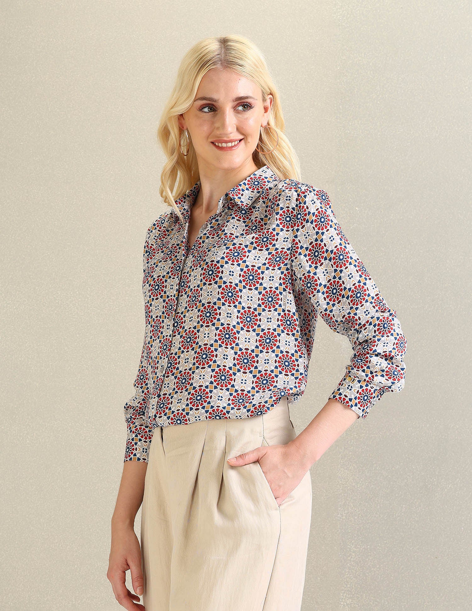 Geometric Printed Cotton Top White, Red and Blue - U.S. Polo Assn. India | Large