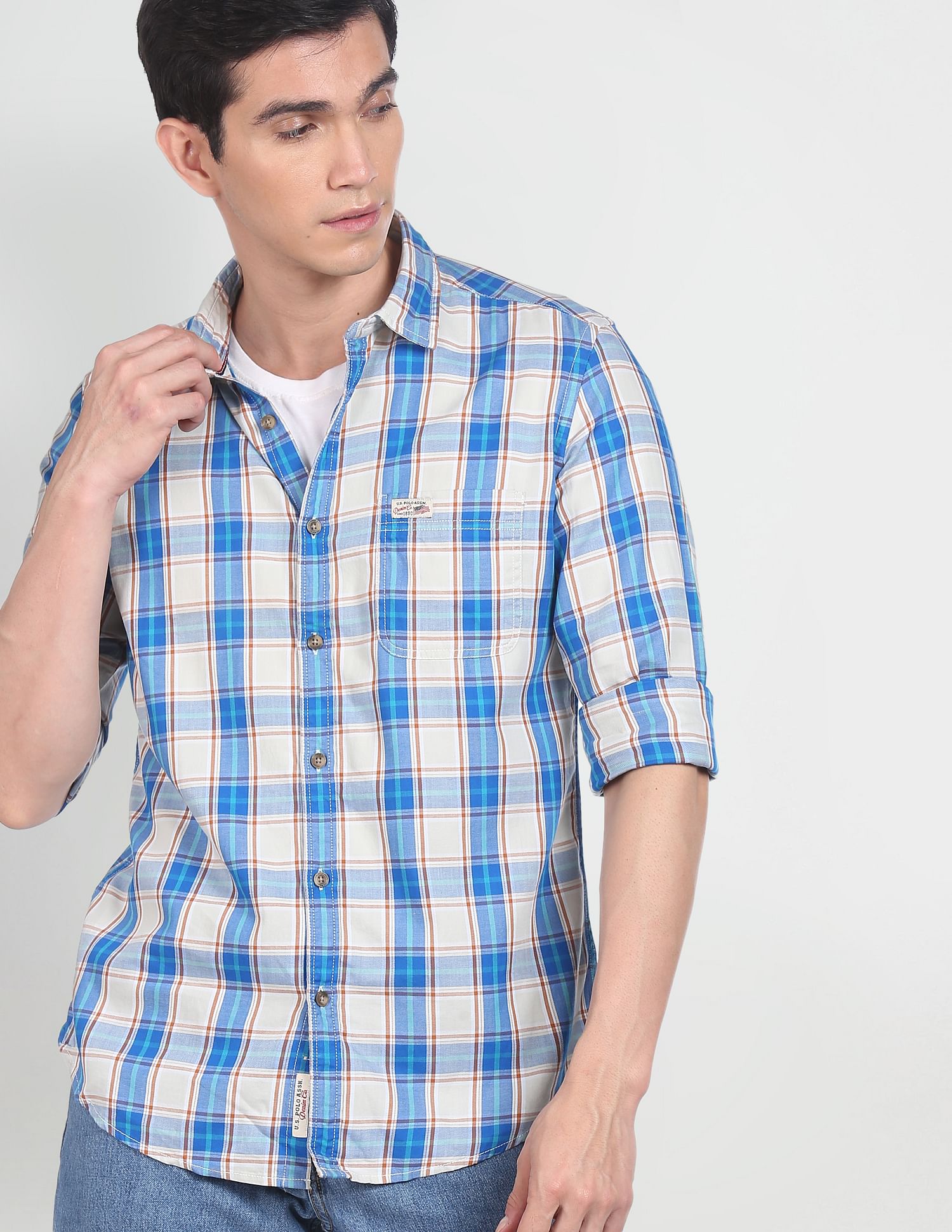 Men Beige And Blue Twill Weave Plaid Check Casual Shirt Beige and Blue - U.S. POLO ASSN. | Large