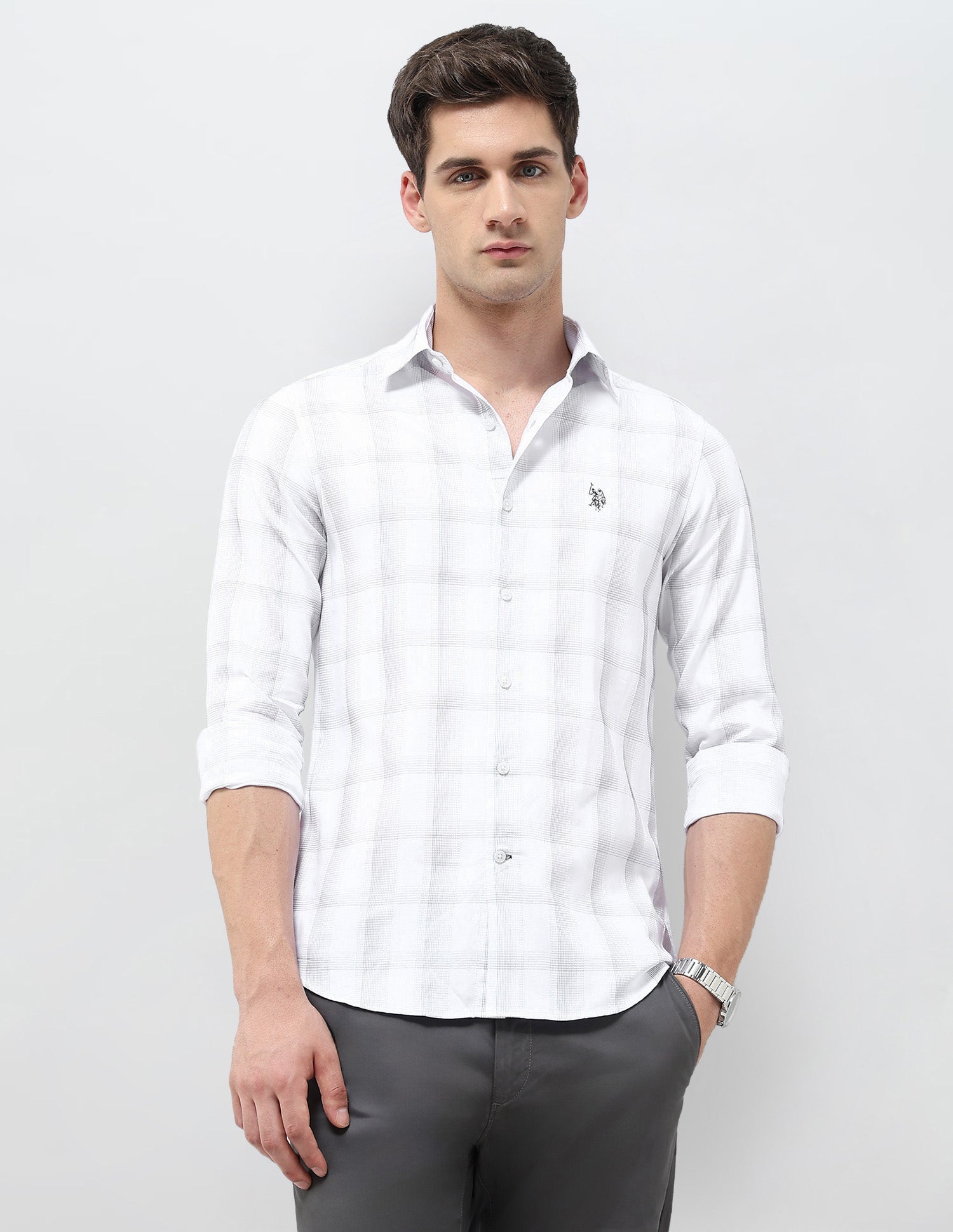 Textured With Grid Checked Dobby Shirt