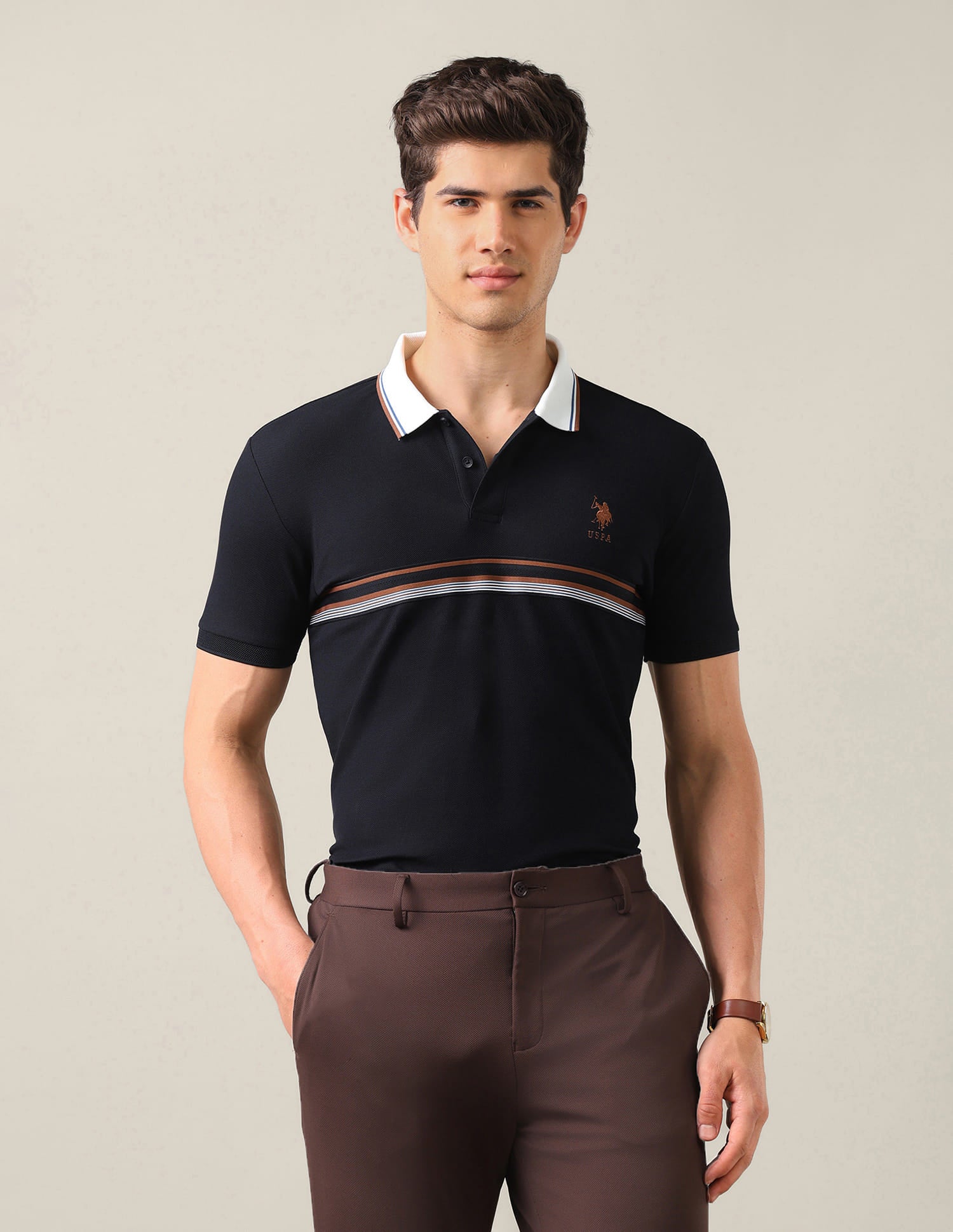 Solid With Stripe Detail Slim Fit Polo Shirt Blue - U.S. Polo Assn. India | Large