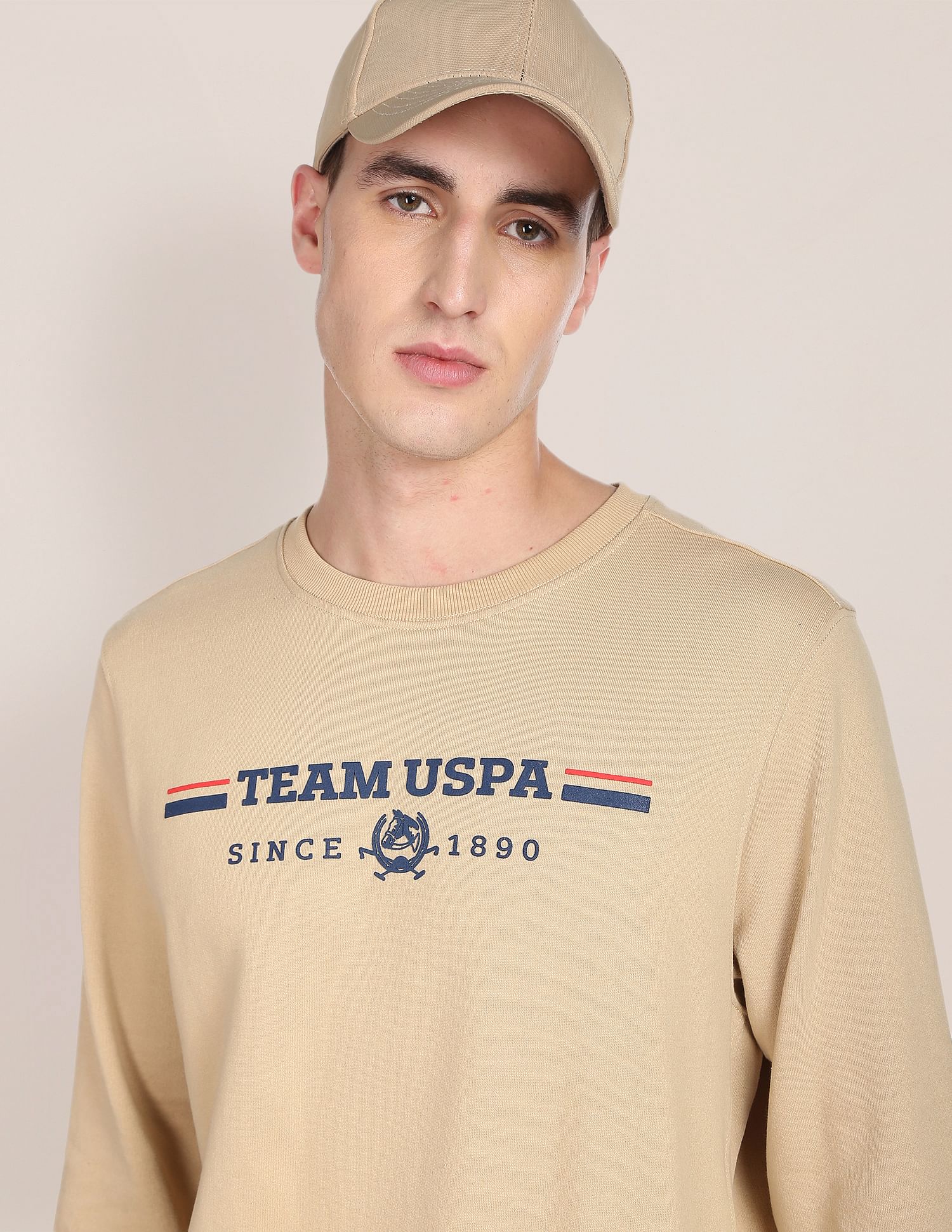 Men Beige Solid Ribbed Neck Sweatshirt Beige - U.S. POLO ASSN. | Large
