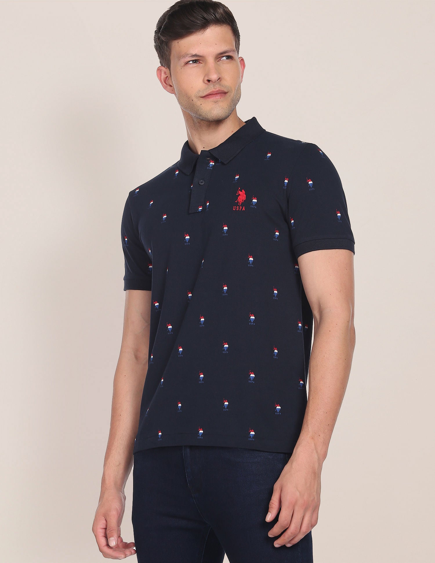 Monogram Print Cotton Polo Shirt Navy - U.S. Polo Assn. India | Large