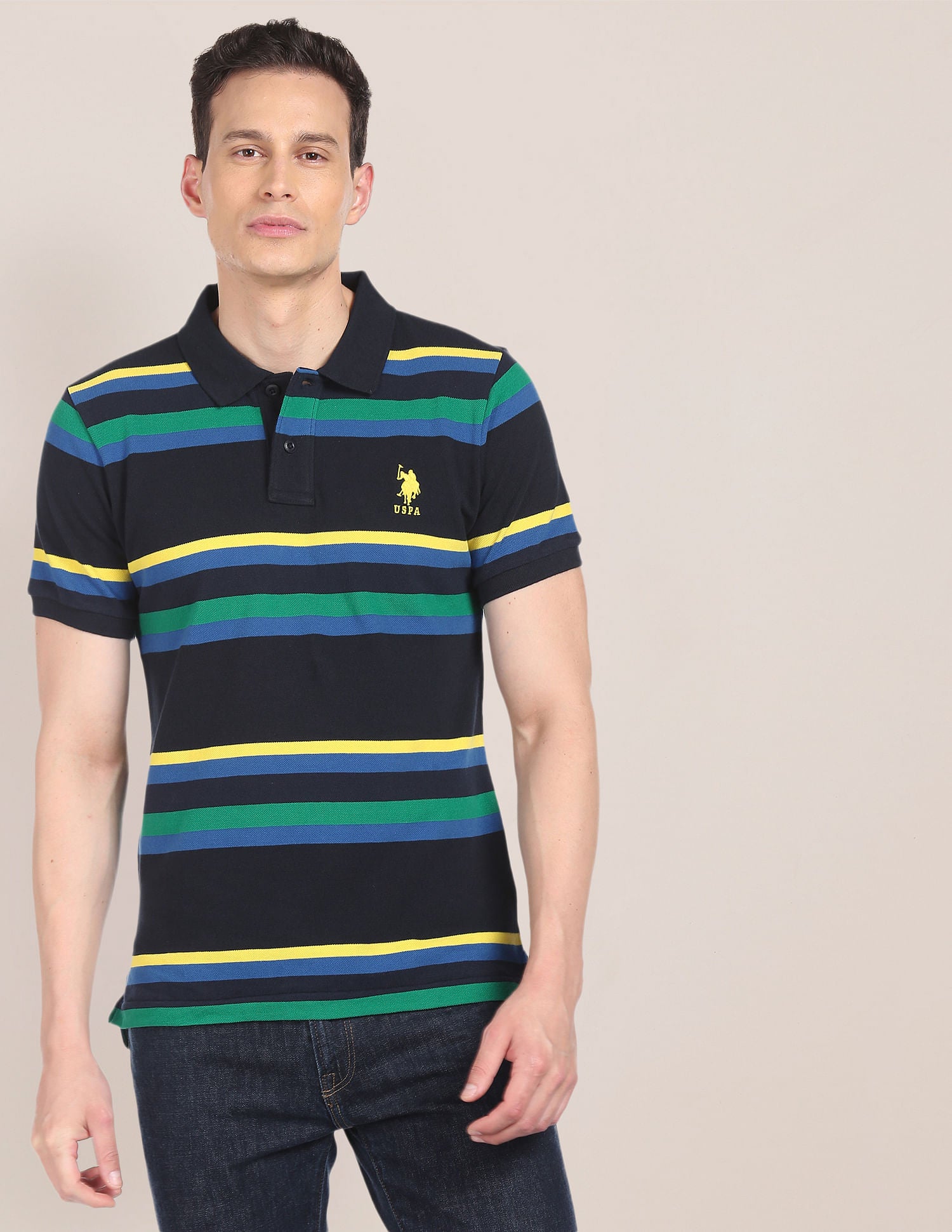 Men Navy Horizontal Stripe Cotton Polo Shirt Navy - U.S. POLO ASSN. | Large