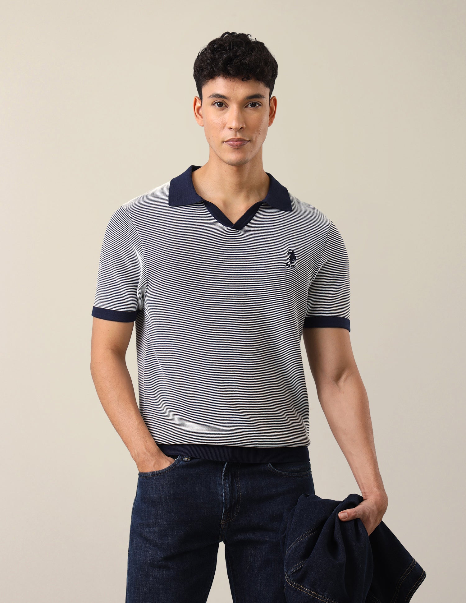 Horizontal Striped Patterned Knit Slim Fit Polo Shirt Navy - U.S. Polo Assn. India | Large