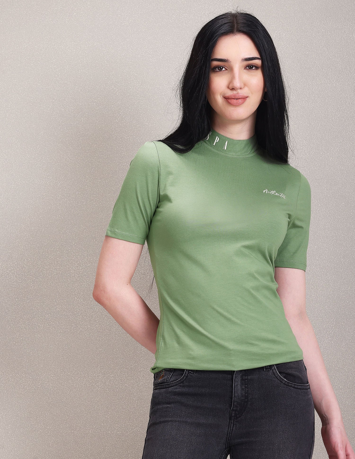 Mock Neck Solid T-Shirt Green - U.S. Polo Assn. India | Large