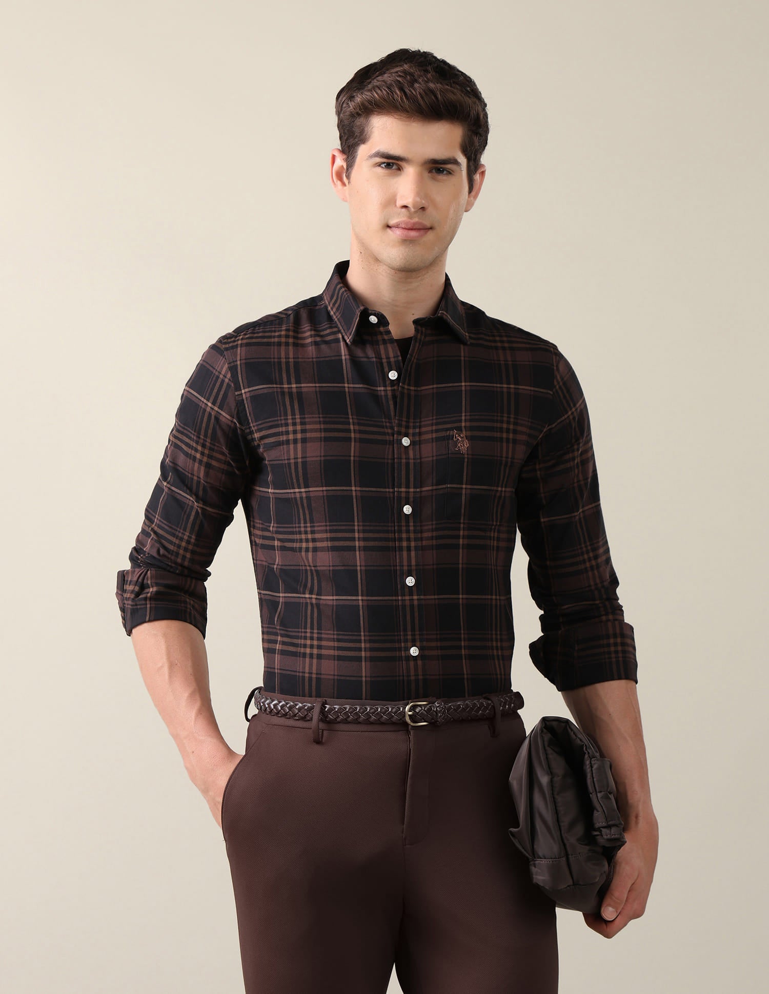 Plaid Checked Tailored Fit Shirt Brown - U.S. Polo Assn. India | Large