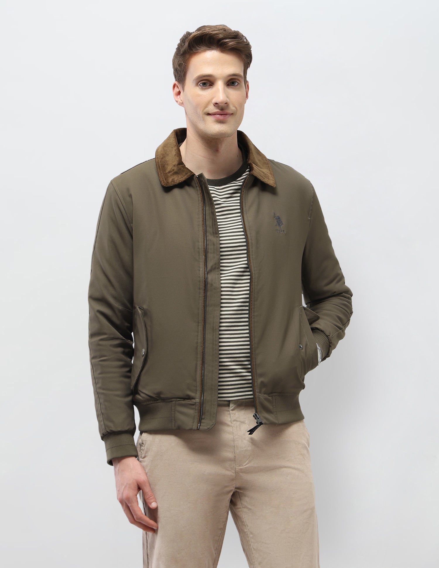 Solid Regular Fit Jacket Olive - U.S. Polo Assn. India | Large