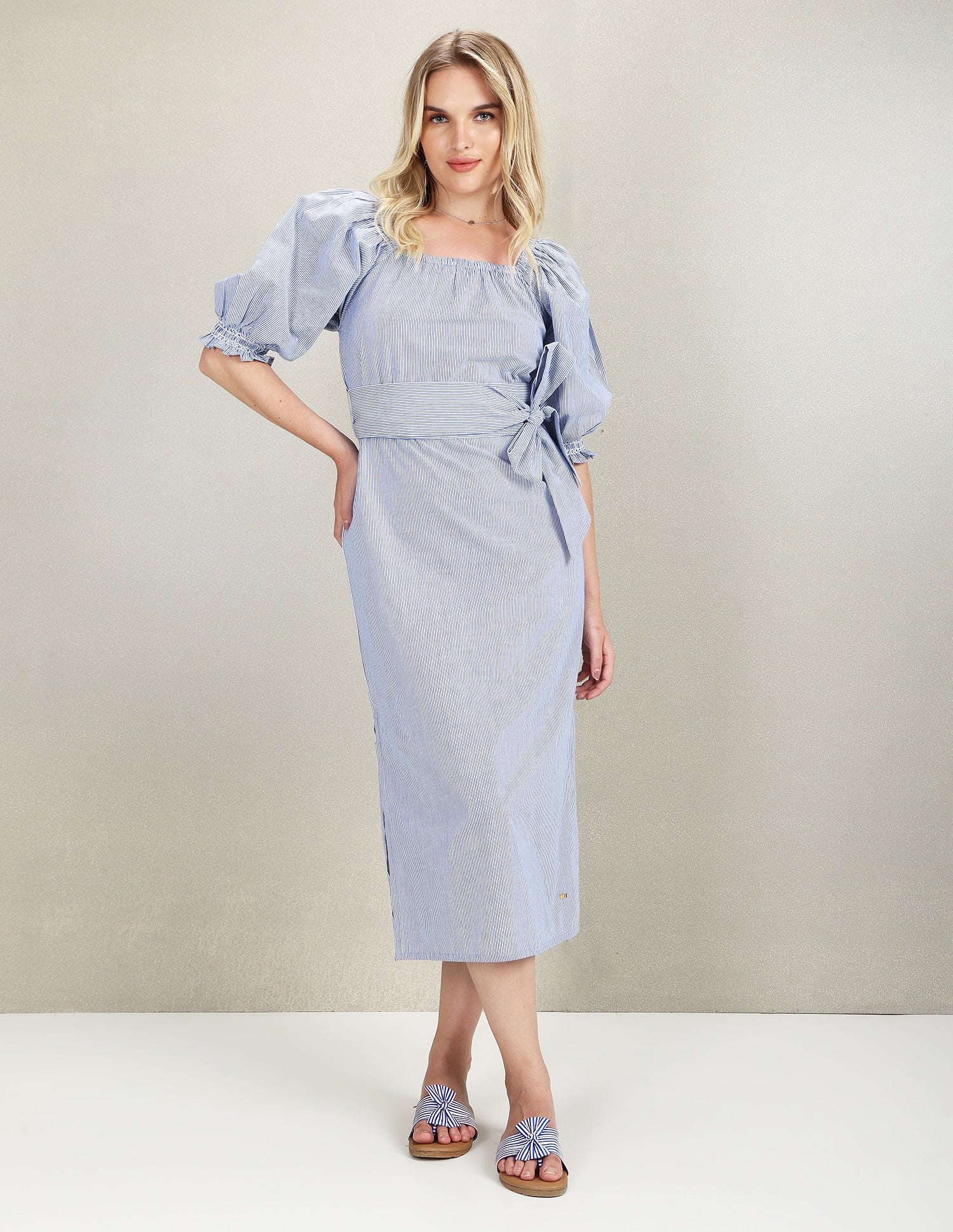 Square Neck Tie Up Midi Dress Blue - U.S. Polo Assn. India | Large