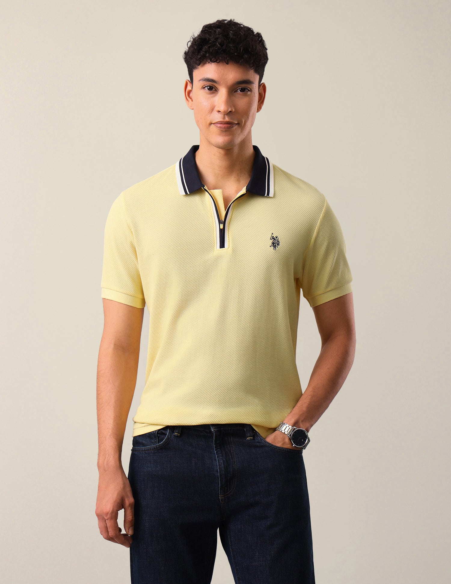 Textured Slim Fit Polo Shirt Yellow - U.S. Polo Assn. India | Large