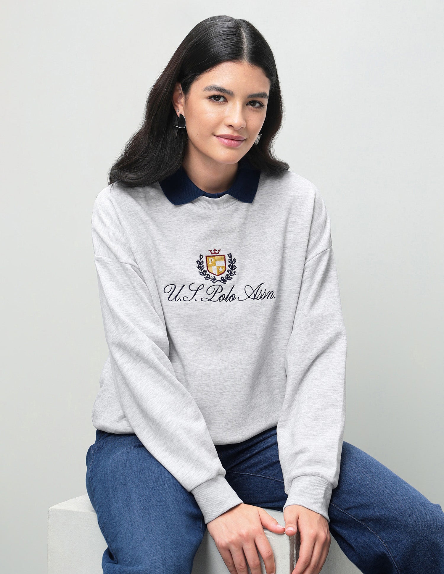 Brand Embroidered Oversized Fit Sweatshirt Grey - U.S. Polo Assn. India | Large