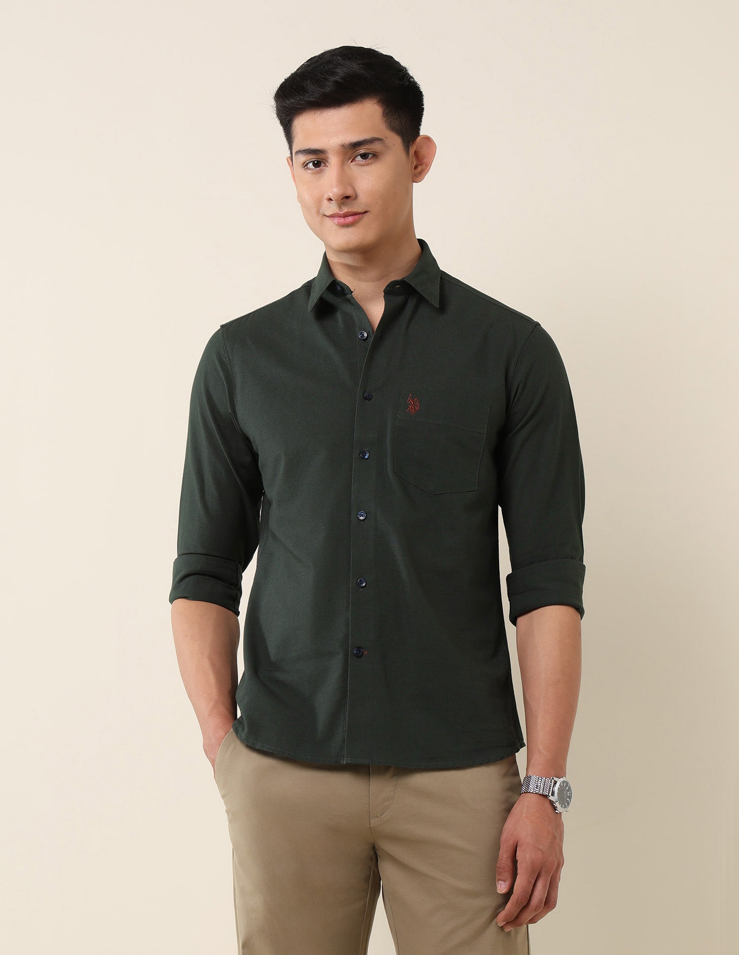 Tailored Fit Twill Shirt Dark Olive - U.S. Polo Assn. India | Large