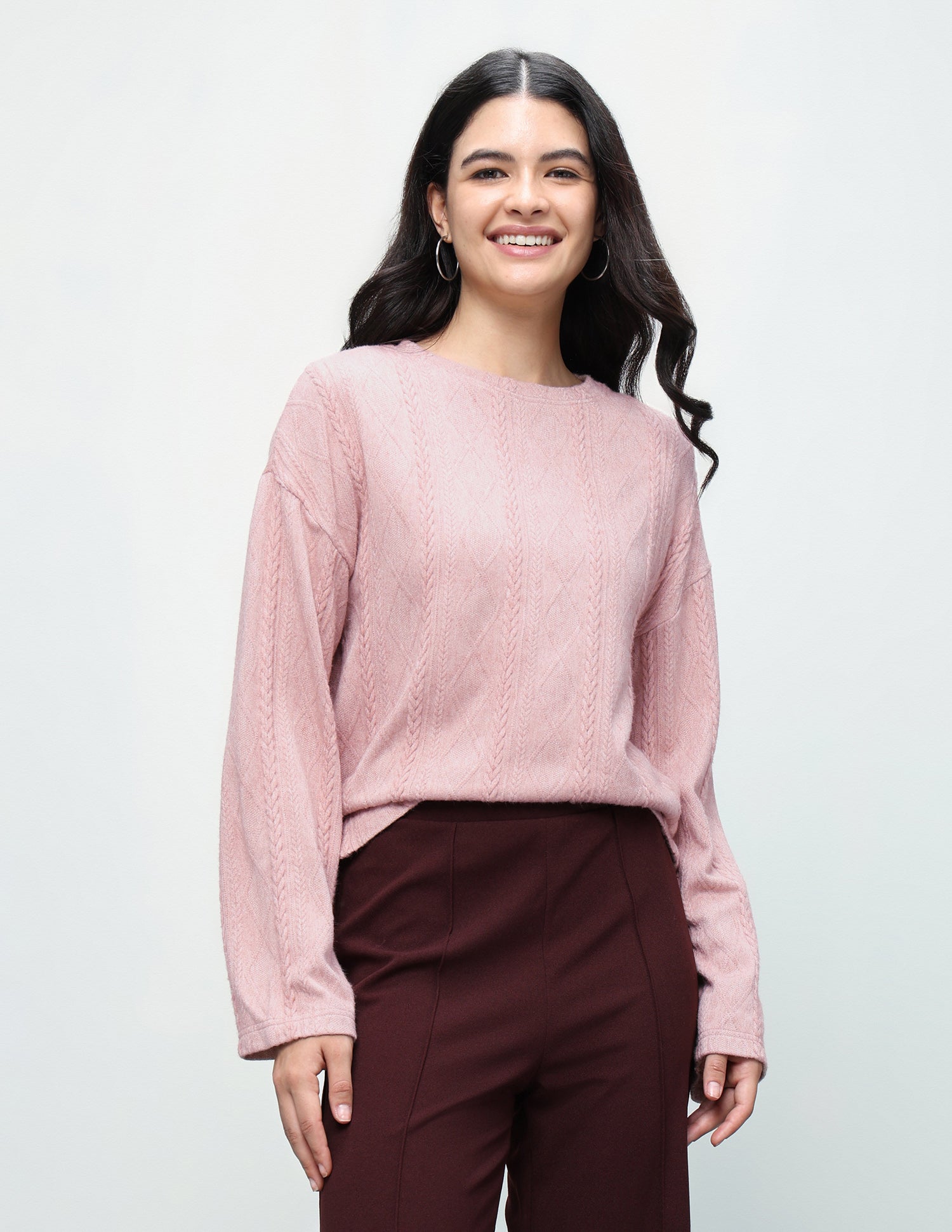Cable Patterned Knit Regular Fit Sweater Pink - U.S. Polo Assn. India | Large