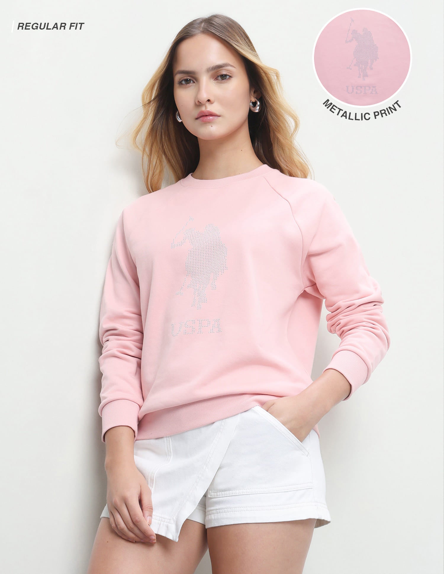 Brand Embellished Regular Fit Sweatshirt Light Pink - U.S. Polo Assn. India | Large
