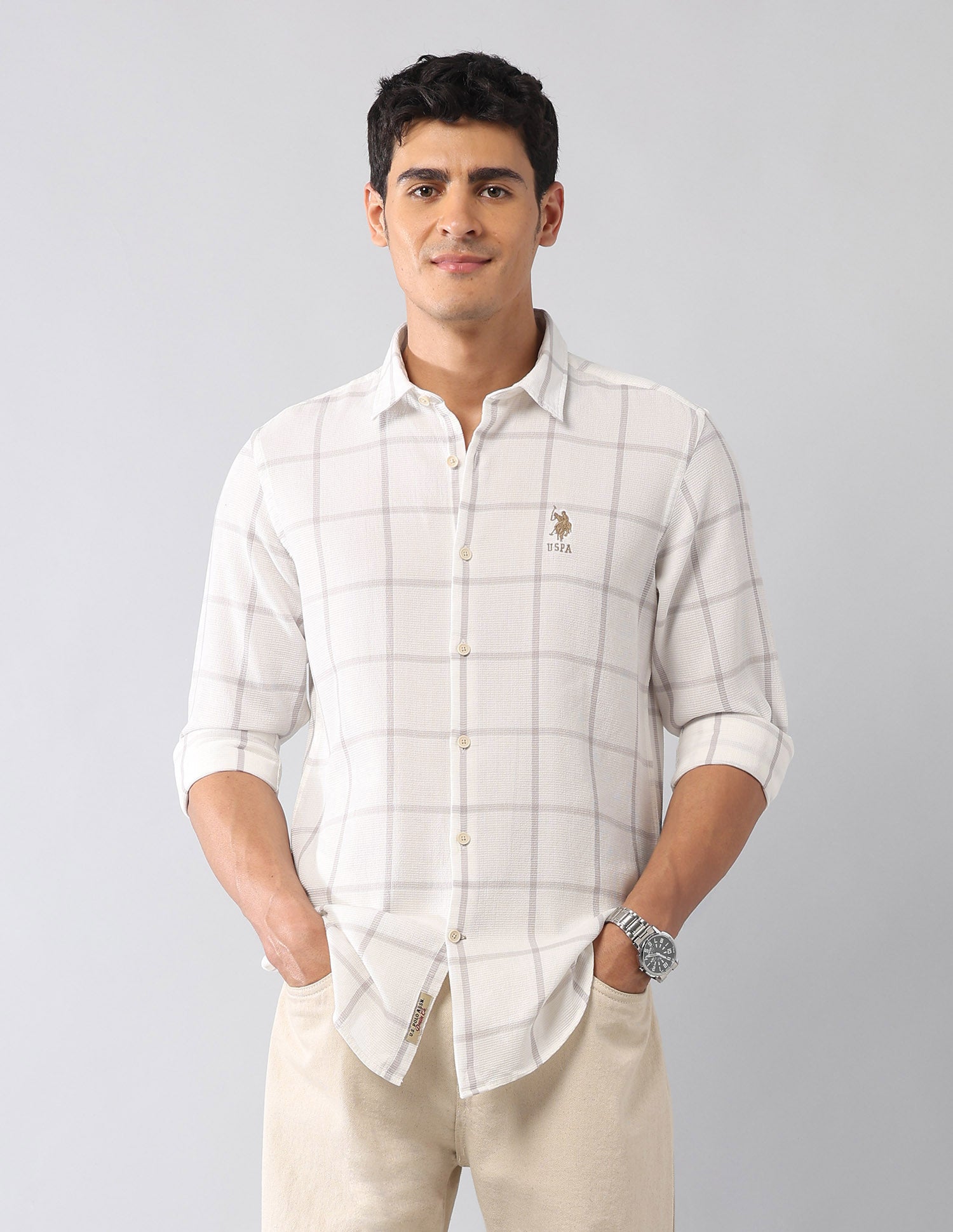 Windowpane Checked Dobby Regular Fit Shirt Khaki - U.S. Polo Assn. India | Large