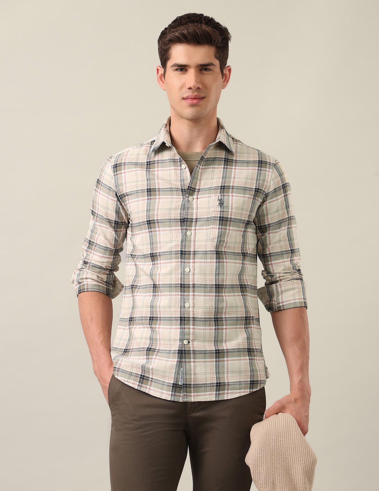 Tartan Checked Oxford Shirt Ivory - U.S. Polo Assn. India | Large