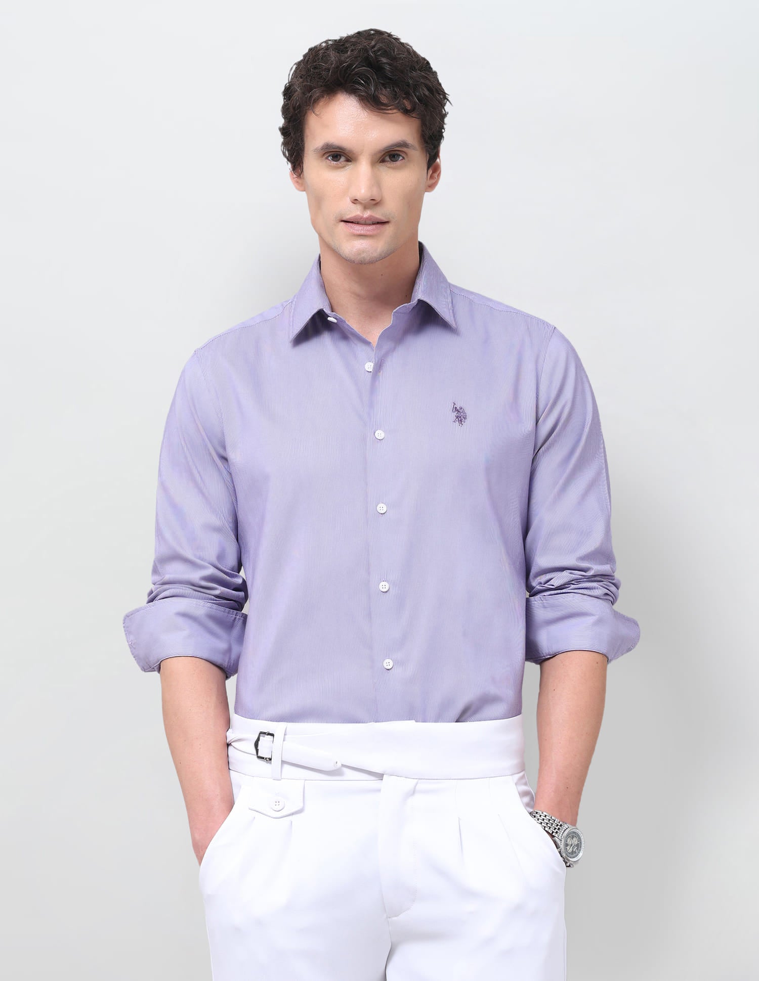 Textured Regular Fit Shirt Purple - U.S. Polo Assn. India | Large