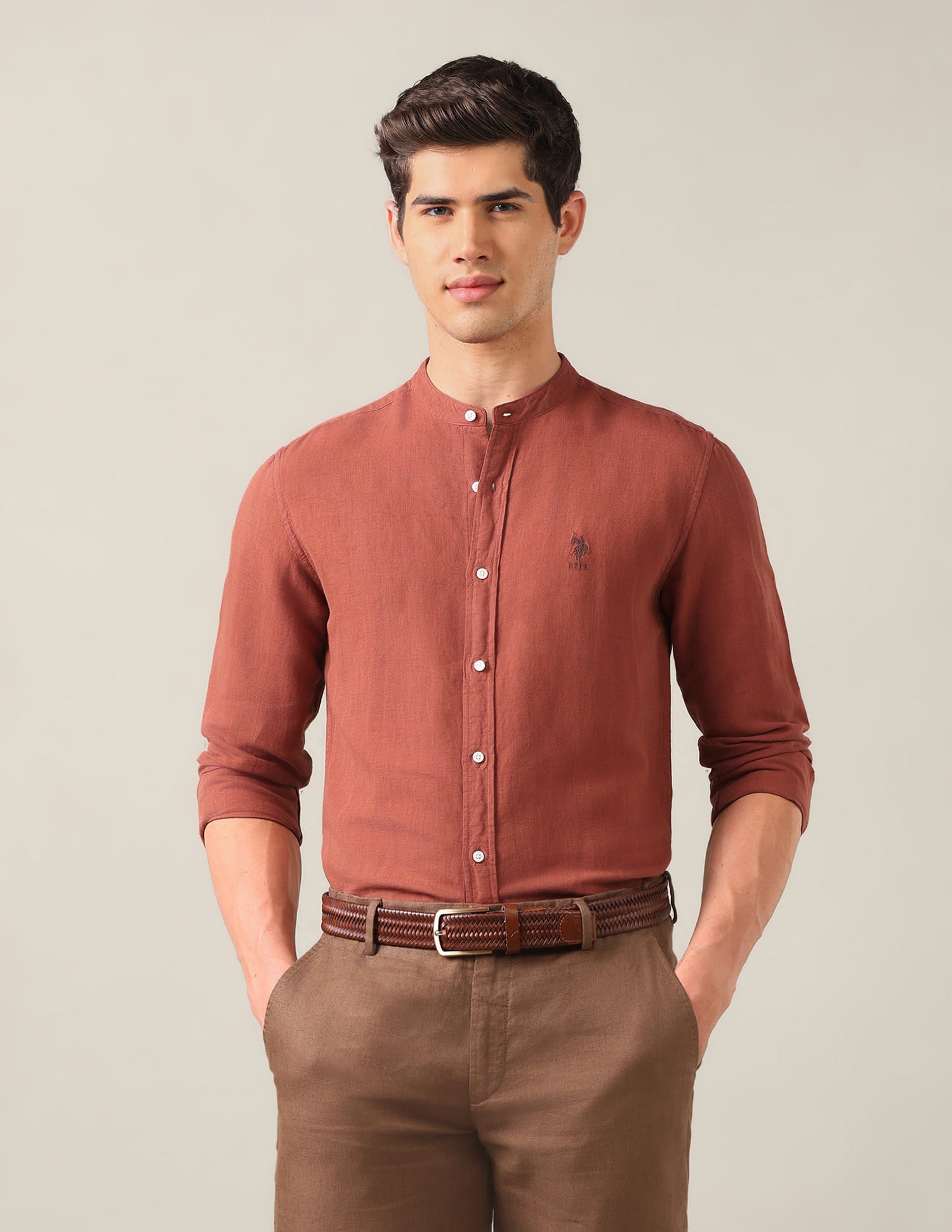 Solid Mandarin Shirt Brown - U.S. Polo Assn. India | Large