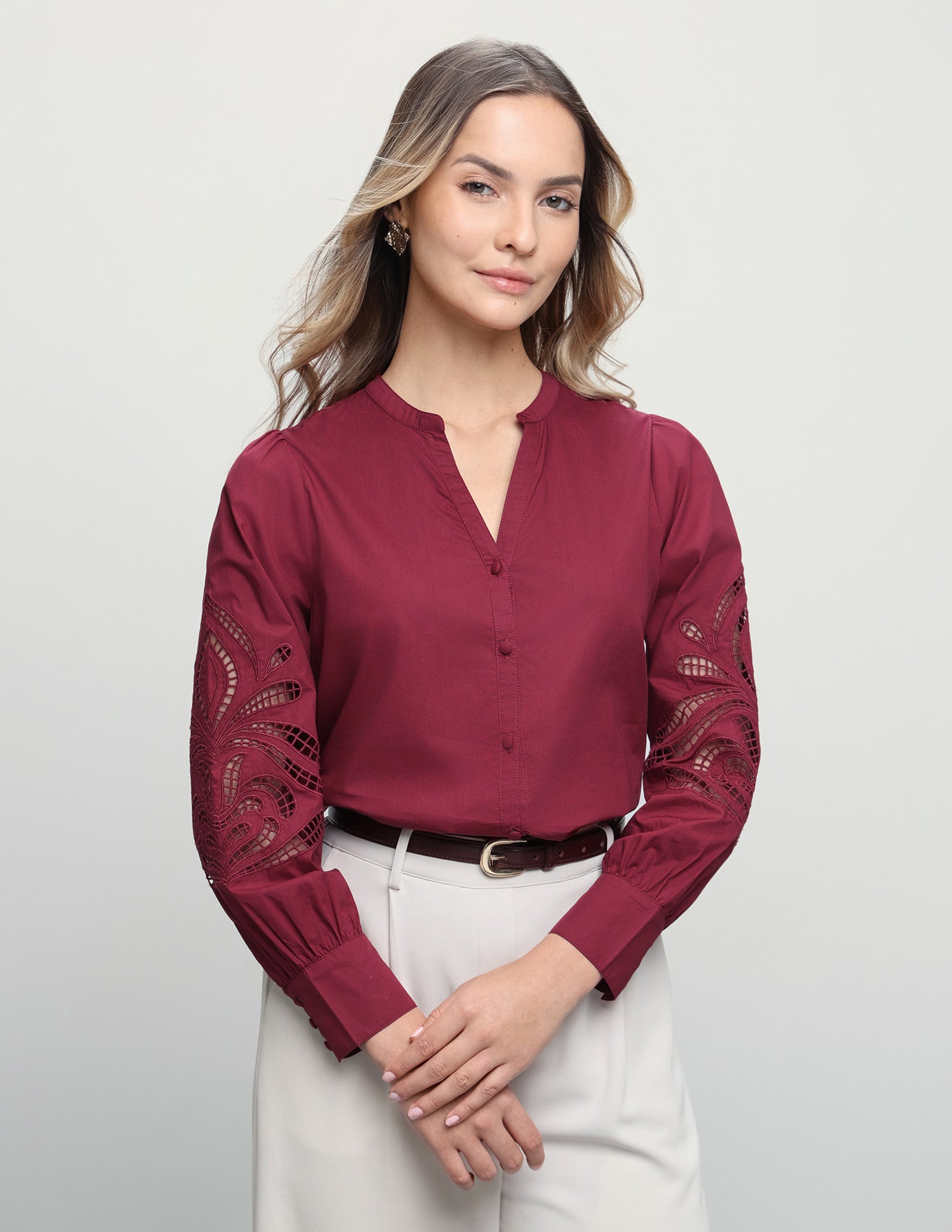 Solid Cutwork Embroidery Regular Fit Shirt Maroon - U.S. Polo Assn. India | Large