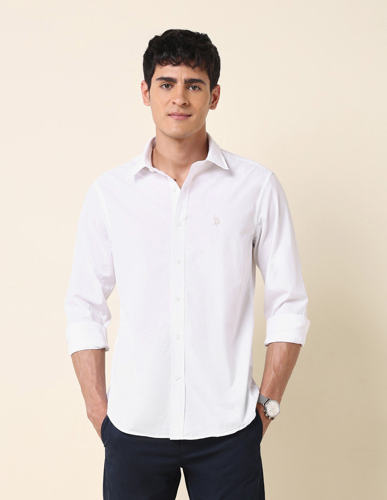 Pure Cotton Tailored Fit Solid Shirt White - U.S. Polo Assn. India | Large