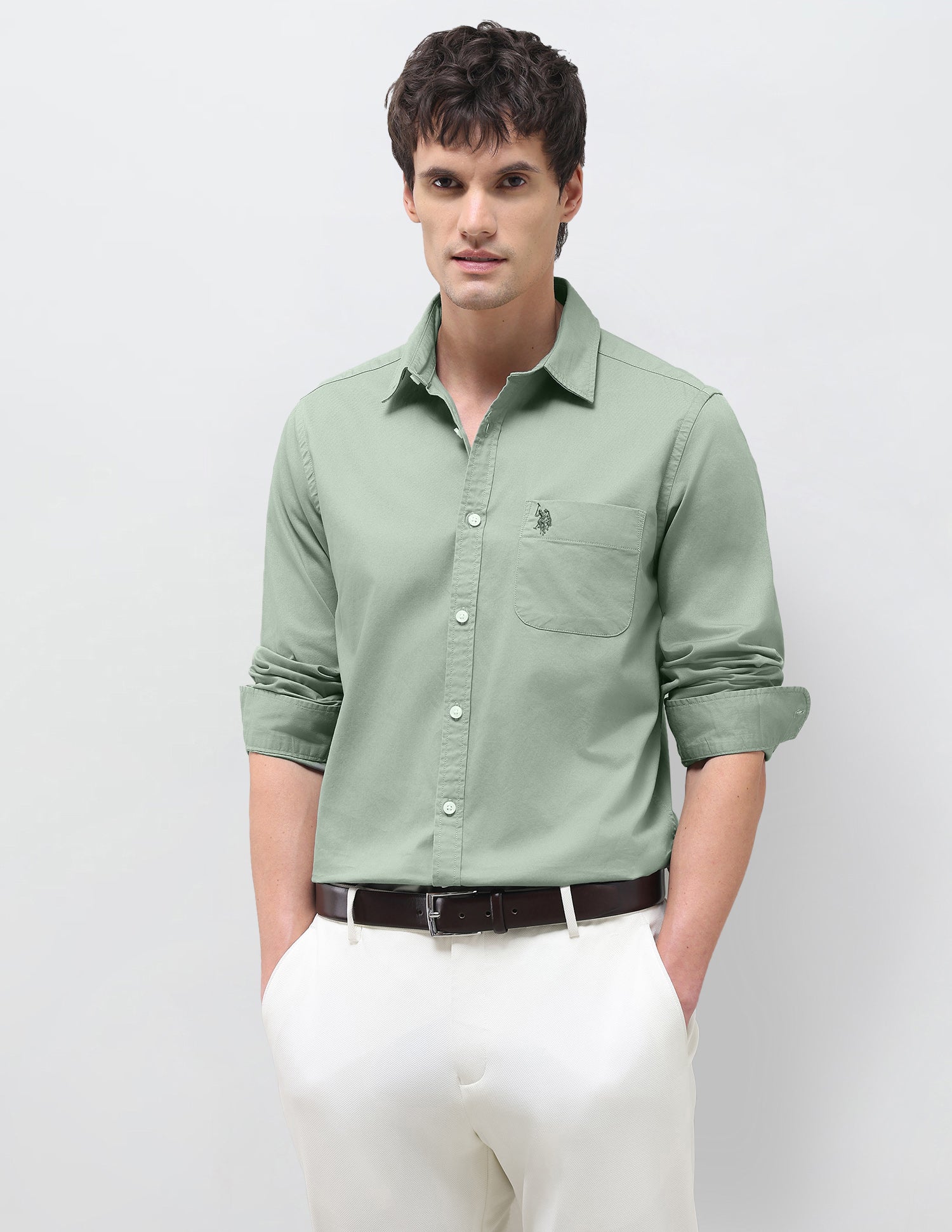 Twill Solid Shirt Light Olive - U.S. Polo Assn. India | Large