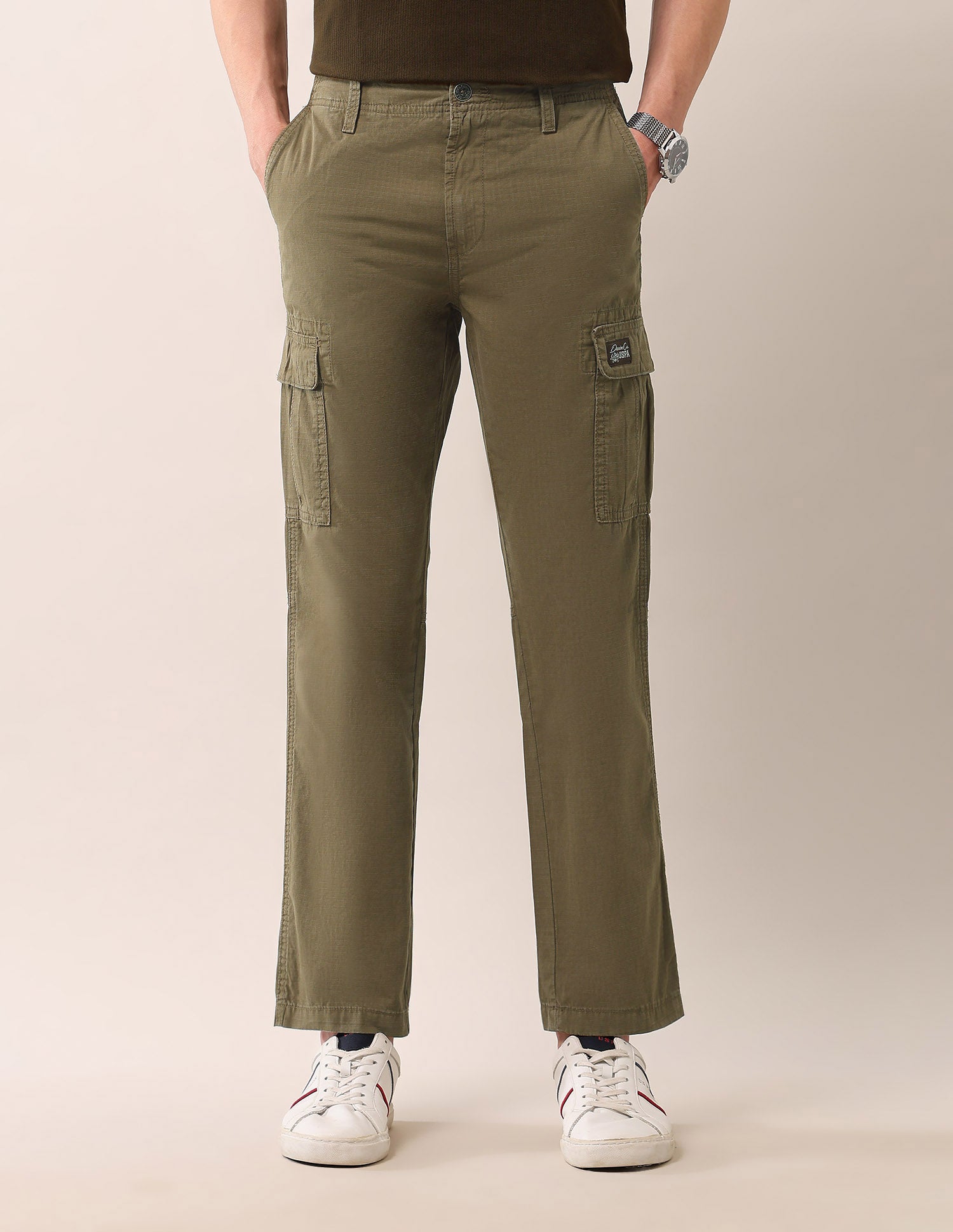 Mid Rise Straight Fit Textured Cargos Tan - U.S. Polo Assn. India | Large