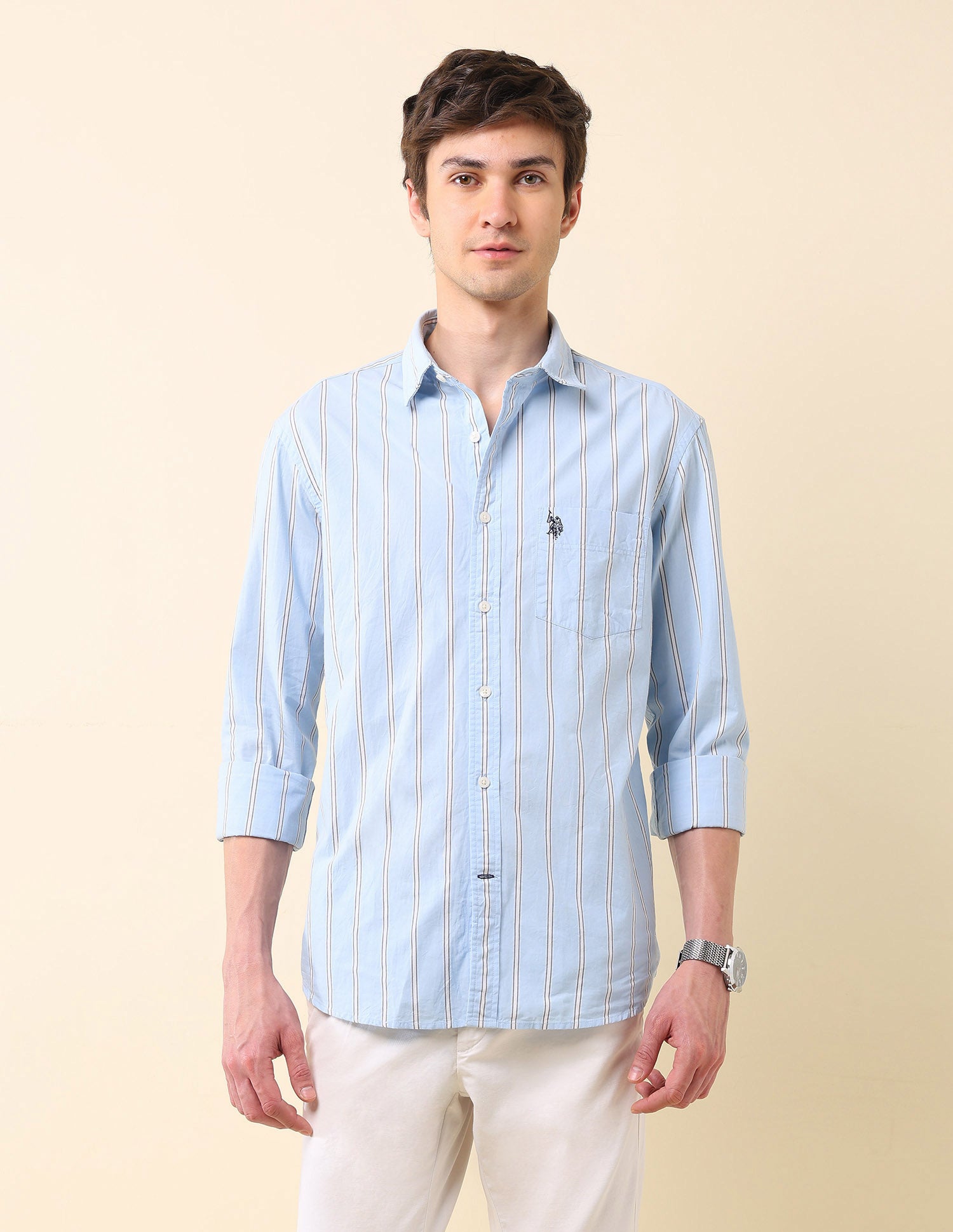 Vertical Striped Tailored Fit Shirt Light Blue - U.S. Polo Assn. India | Large