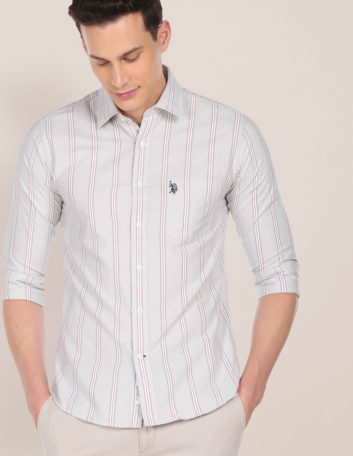 Premium Cotton Striped Casual Shirt Light Grey - U.S. Polo Assn. India | Large
