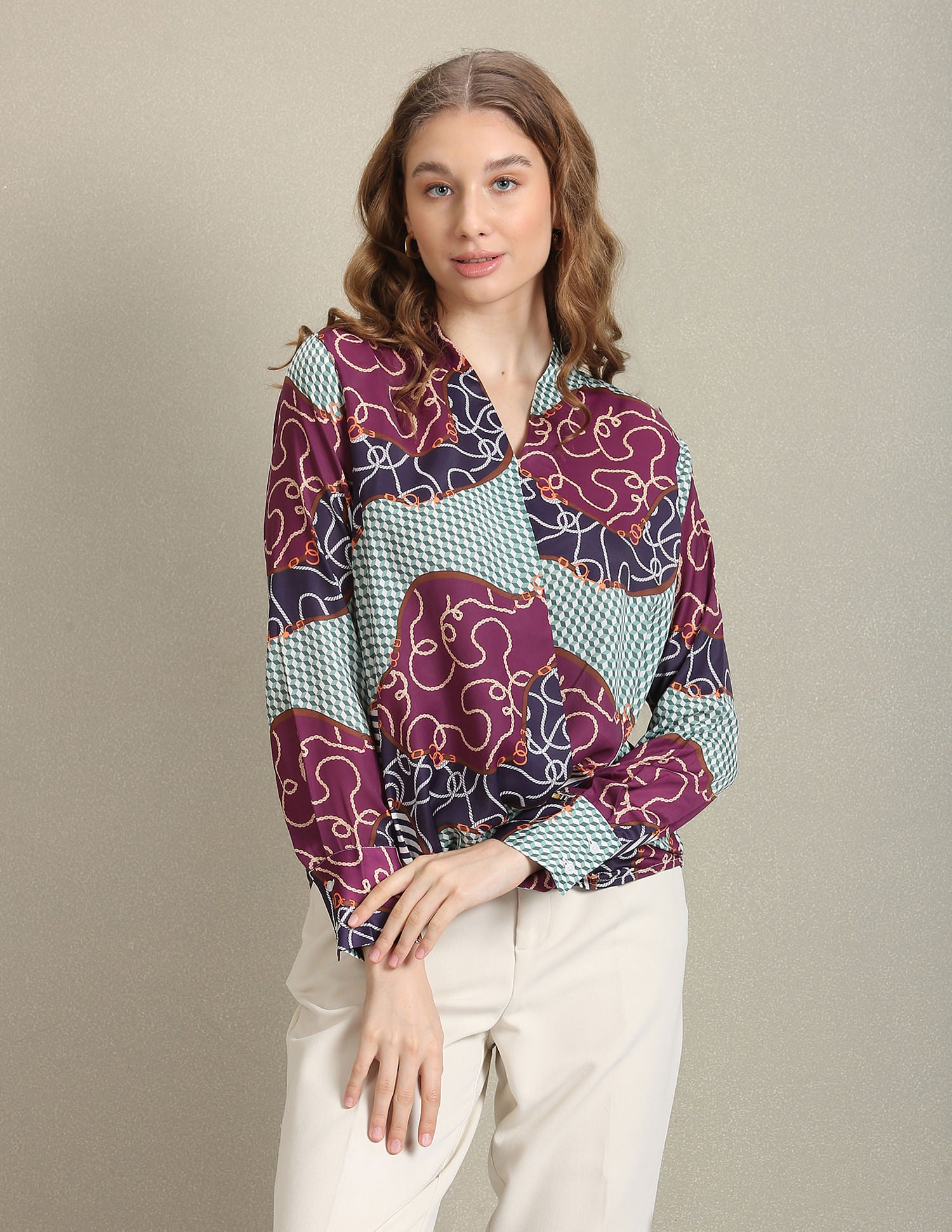 Surplice Neck Graphic Print Top Green, Purple and Navy - U.S. Polo Assn. India | Large