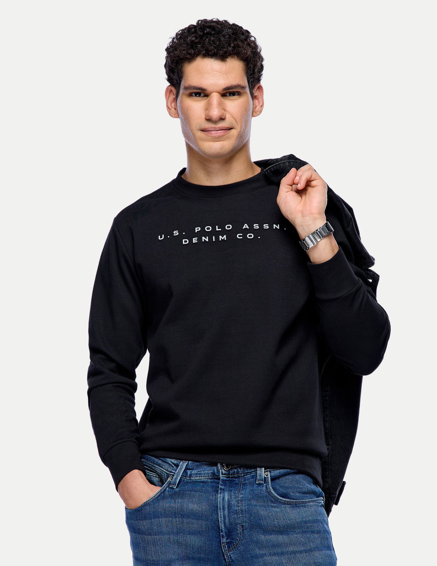 Brand Embossed Regular Fit Sweatshirt Black - U.S. Polo Assn. India | Large