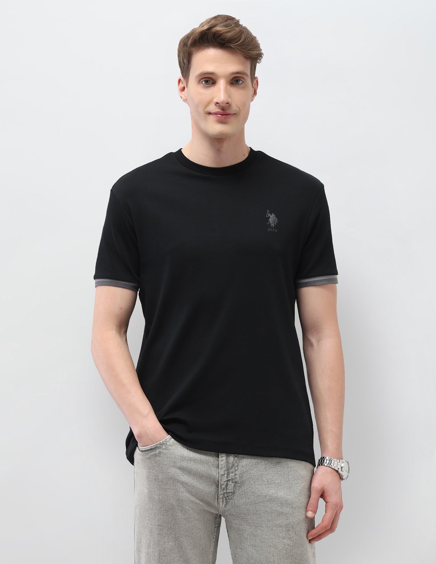 Solid Slim Fit Black & Gold T-Shirt