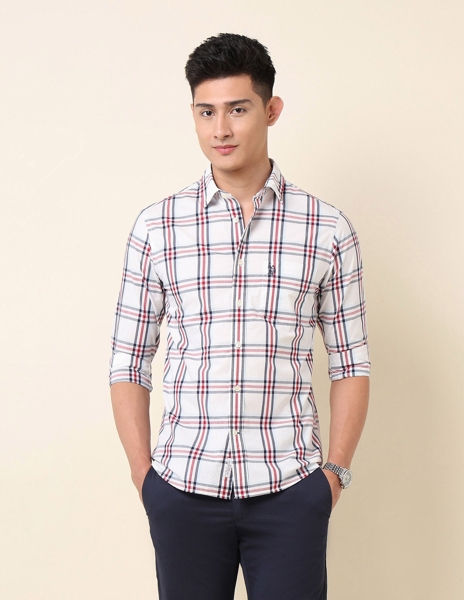 Pure Cotton Plaid Checked Shirt White - U.S. Polo Assn. India | Large