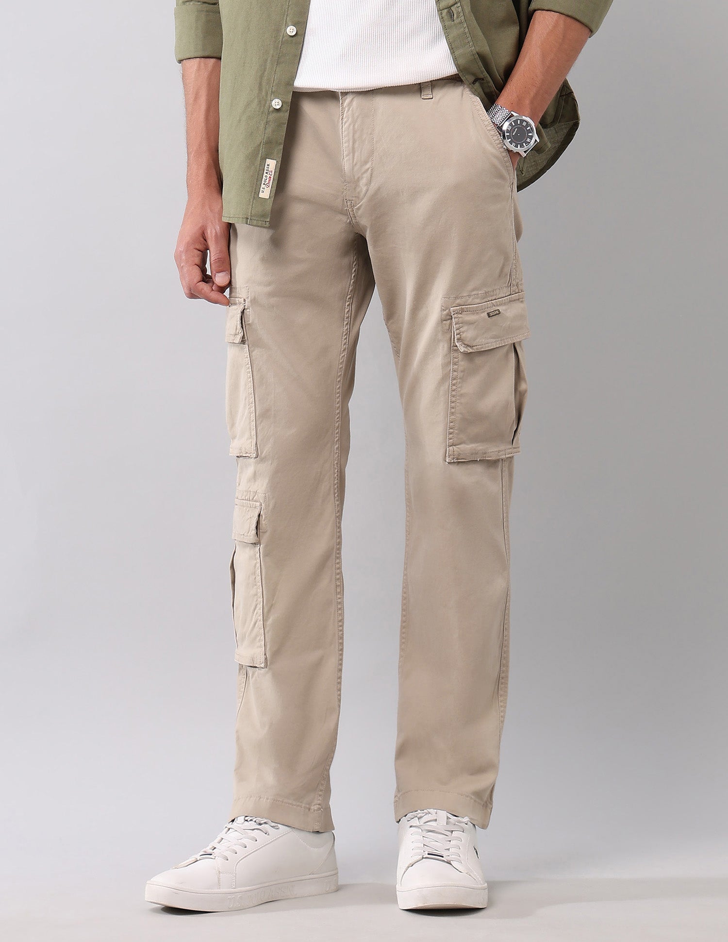 Solid Straight Fit Cargos Beige - U.S. Polo Assn. India | Large
