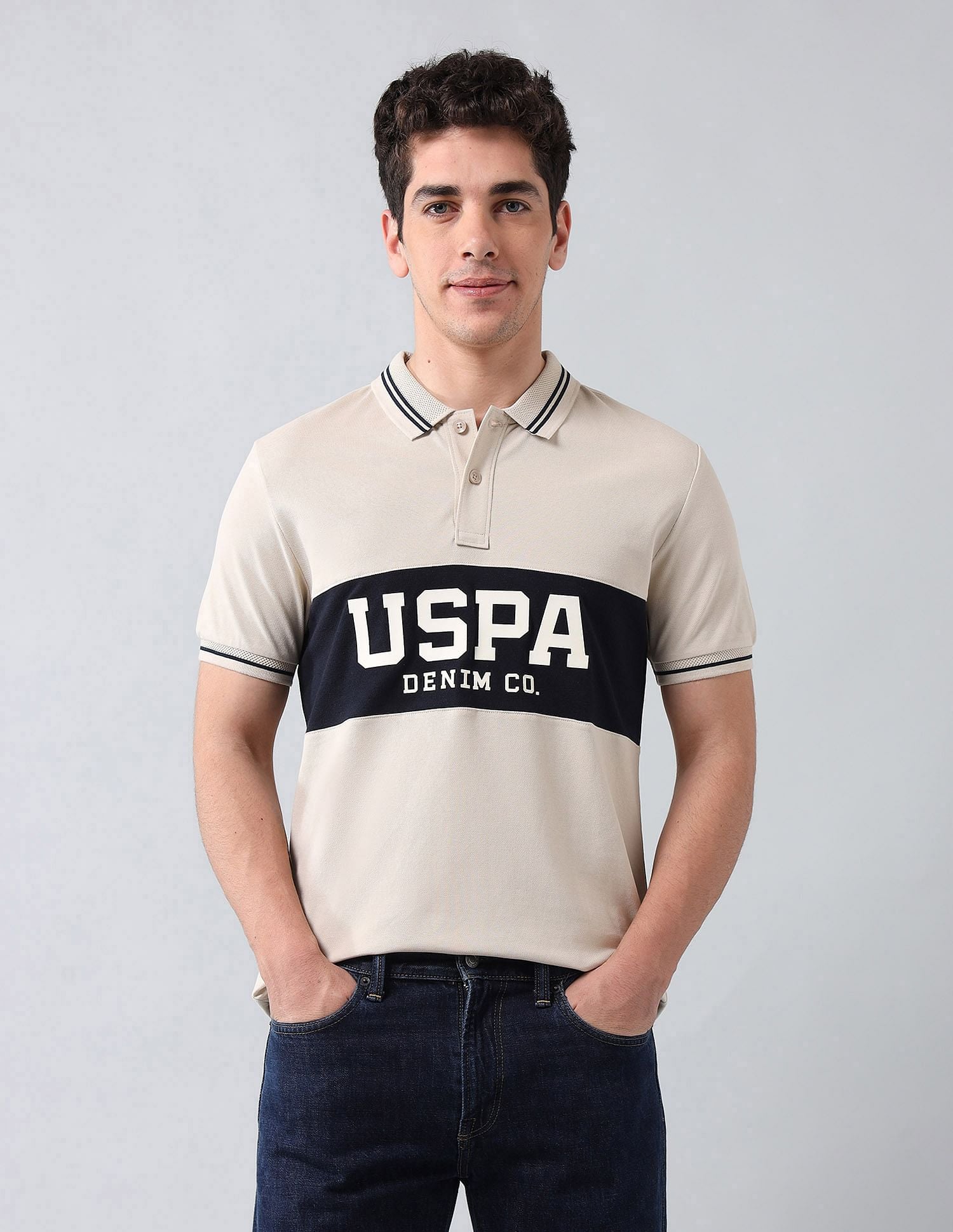 Muscle Fit Brand Printed Polo Shirt Beige - U.S. Polo Assn. India | Large