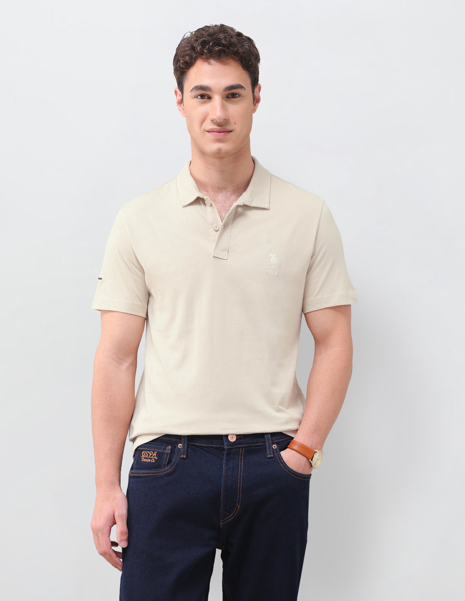 Solid Slim Fit Polo Shirt Beige - U.S. Polo Assn. India | Large